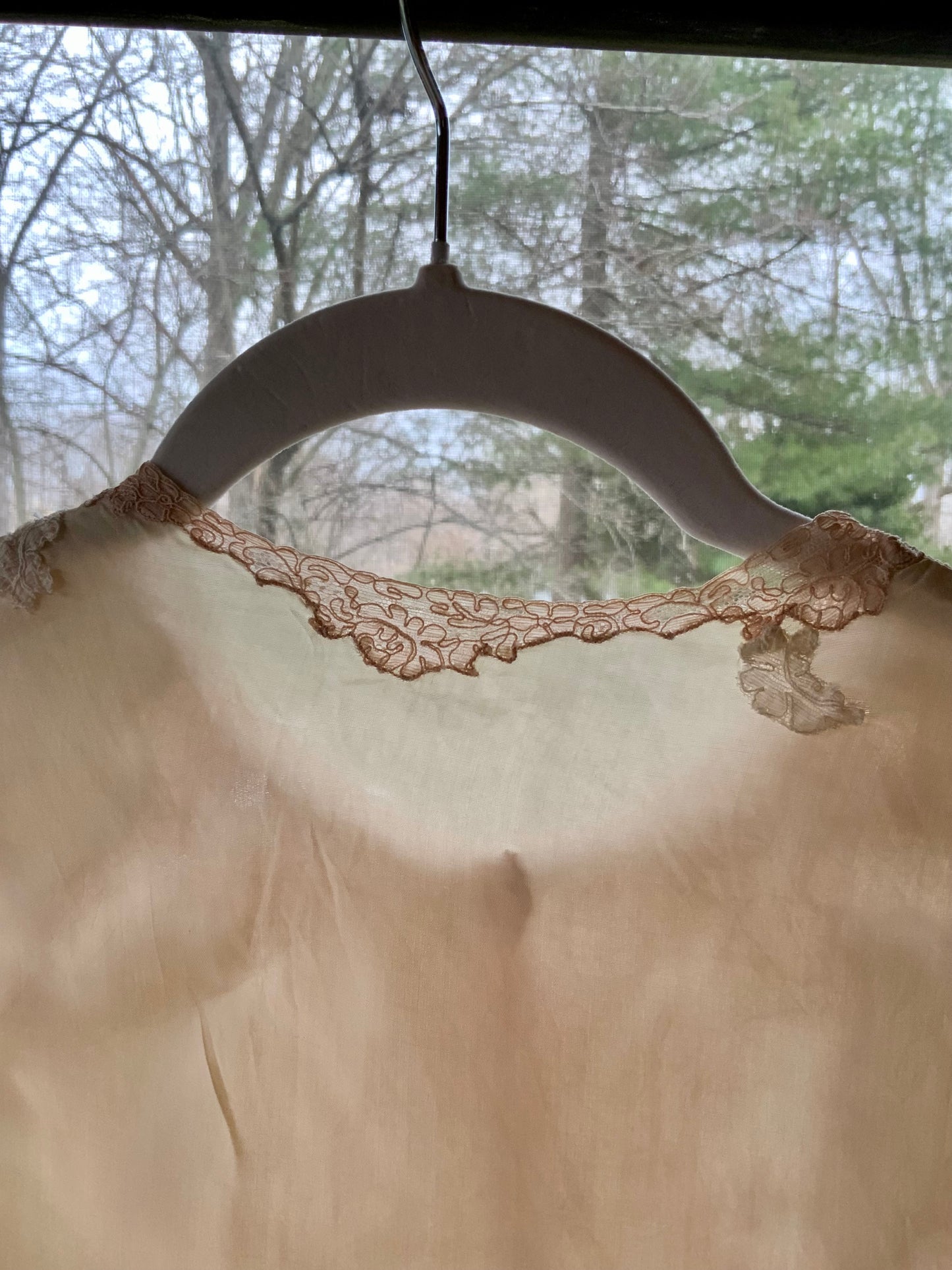 1930s Silk Blouse with Blush Lace Appliqué – Sheer Antique Chiffon Top, Romantic Lingerie Style, Bridal Boudoir Vintage-30BG