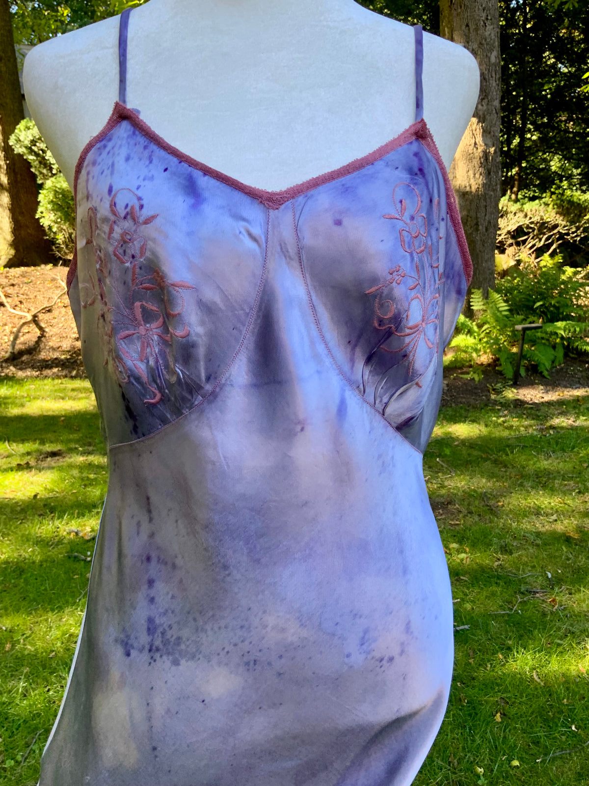 1930s/40s  Hand-Dyed Lilac Satin Slip Dress with Floral Embroidery.40BV