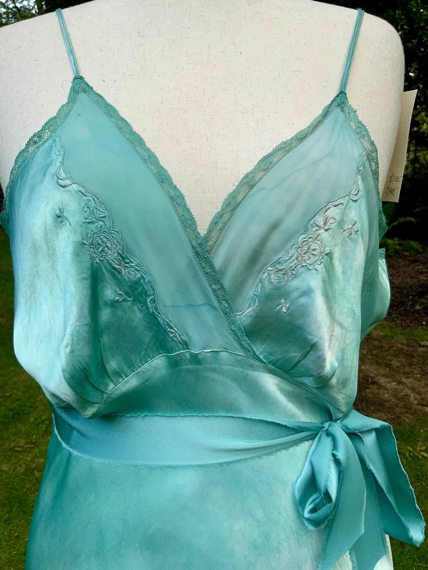 1930s Hand-Dyed Aqua Satin Slip Dress. Embroidered Bias Cut Slip with Sash.40CB