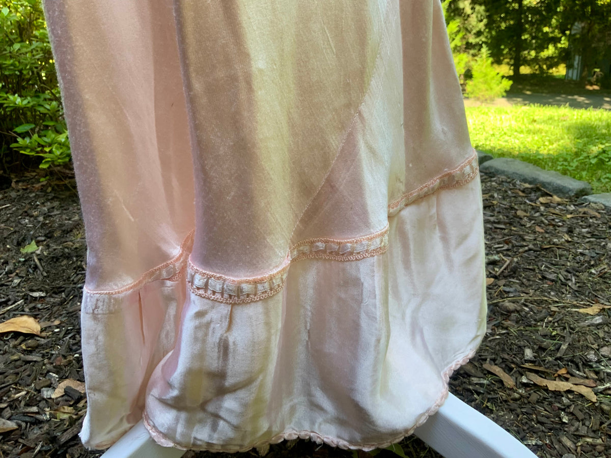 1930s Blush Pink Satin Nightgown with Sheer Embroidered Bodice.30CK