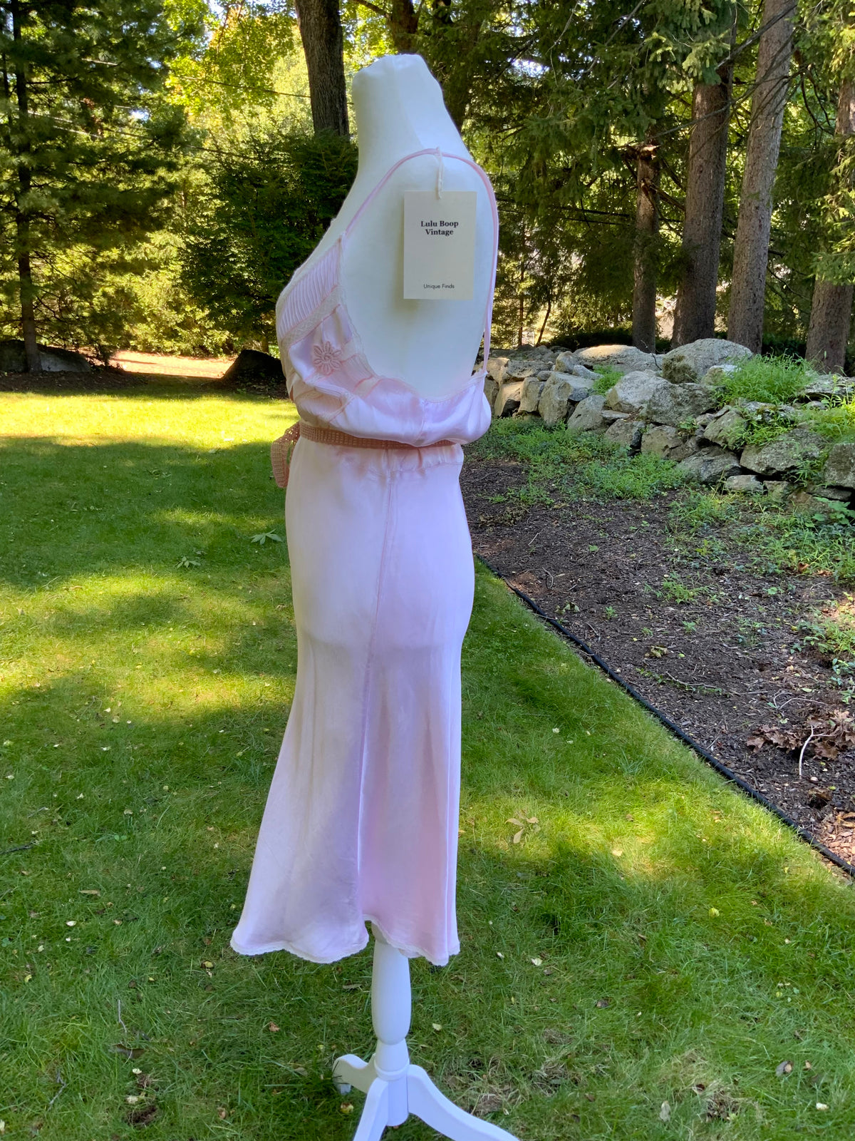 1930s Blush Pink Satin Bias Cut Slip Dress with Pleated Trim.30CN