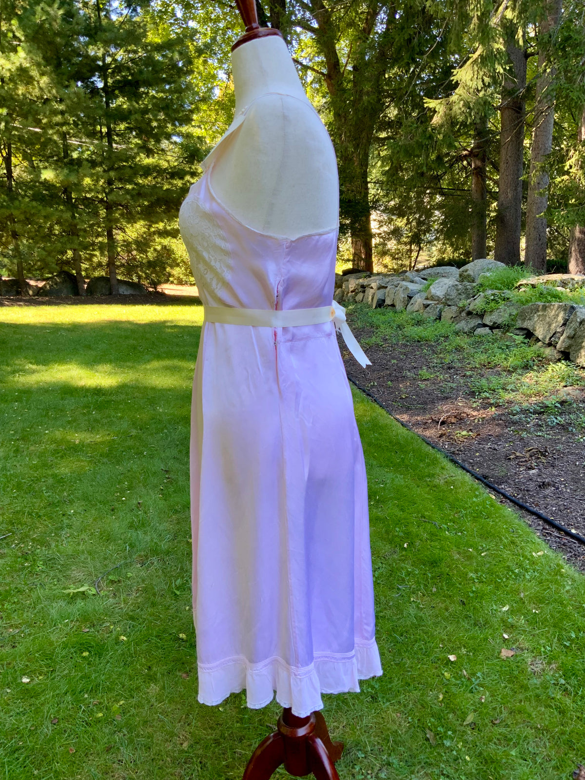 1930s Pink Satin Slip Dress with Lace and Chiffon Ruffle.30CJ