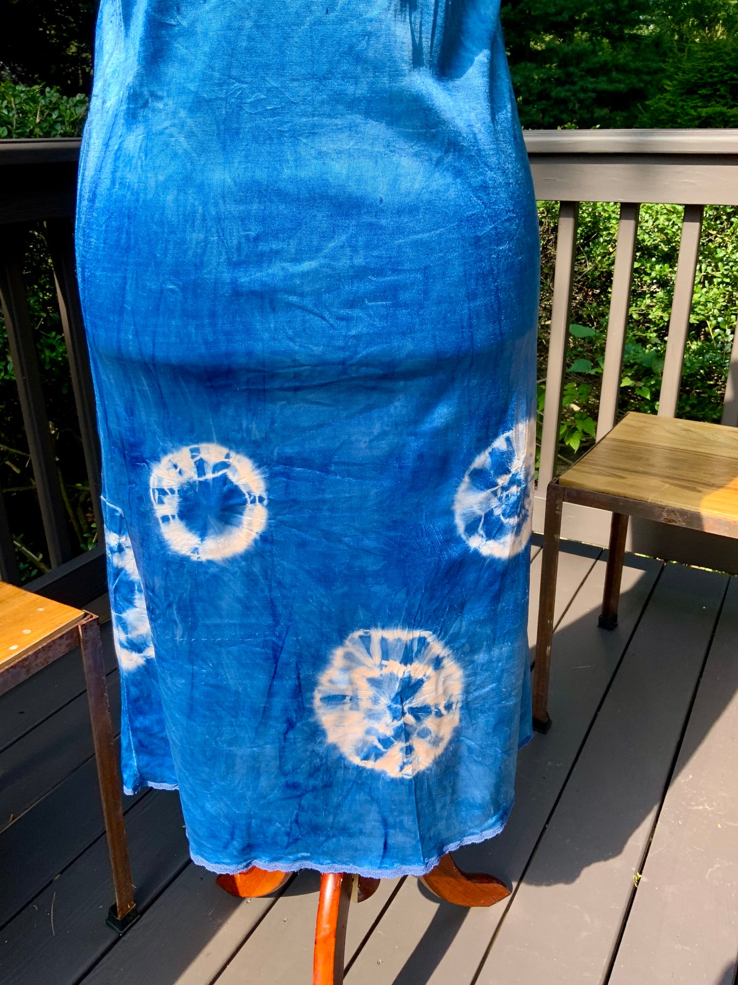 Mid-Century Hand Dyed Blue Tie Dye Satin Slip Dress.60P.
