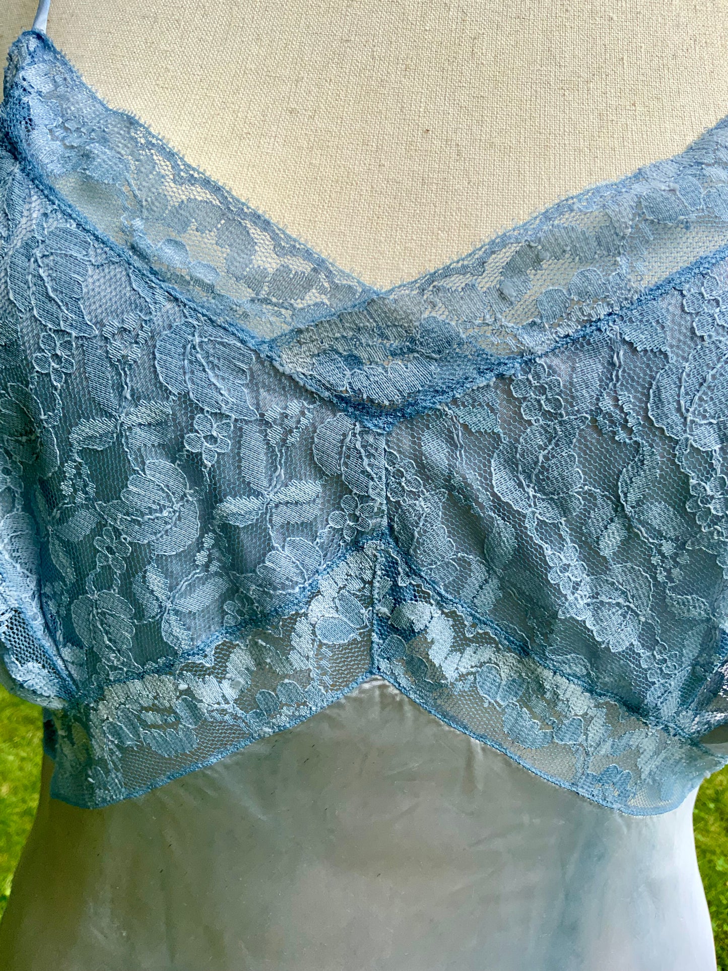 1930s Hand-Dyed Ice Blue Satin and Lace Bias-Cut Full Slip.50BA