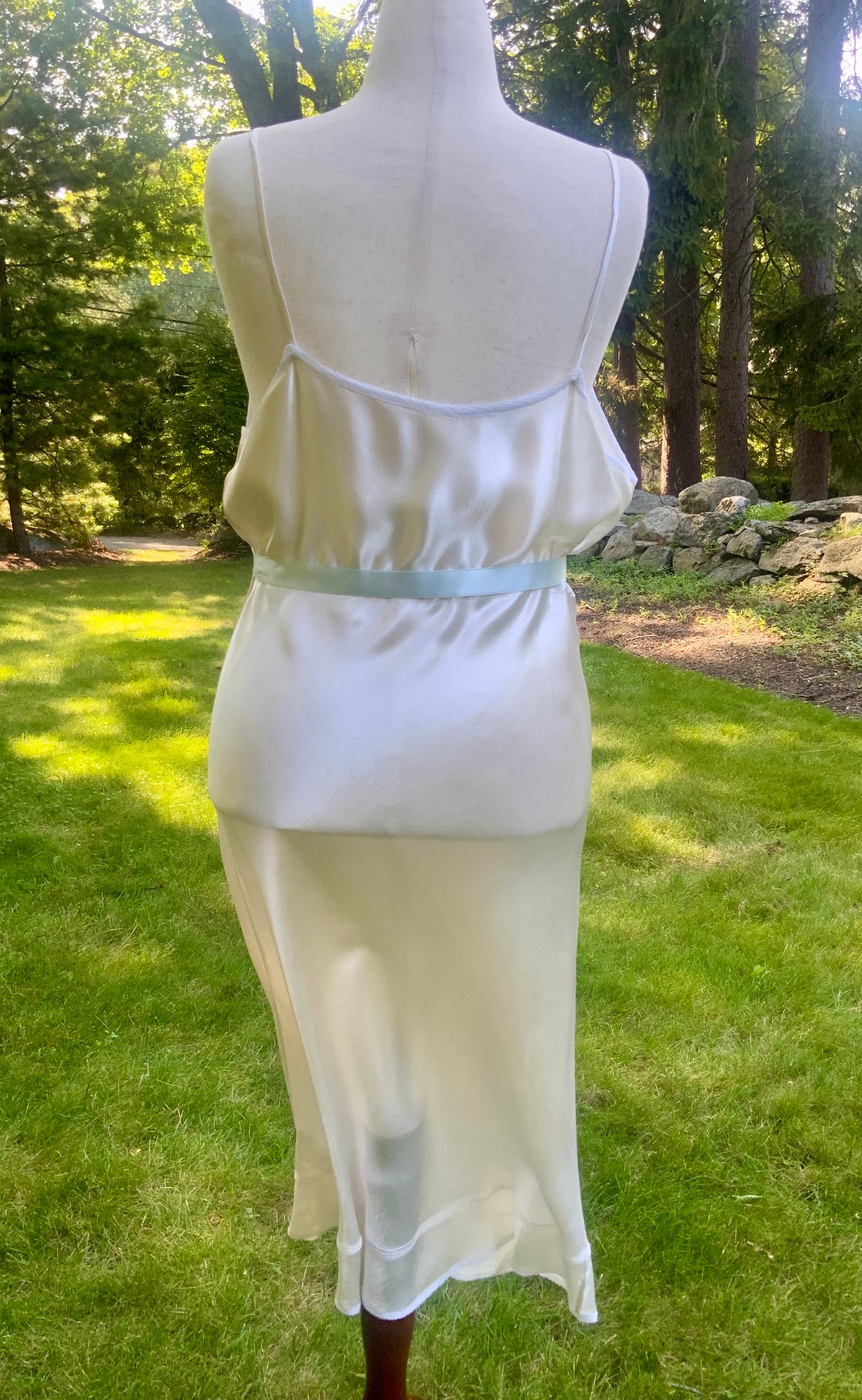1930s Ivory Silk Satin Embroidered Slip Dress | Blue Floral Boudoir Nightgown | Bias Cut Bridal Lingerie | Old Hollywood Glamour-40AV