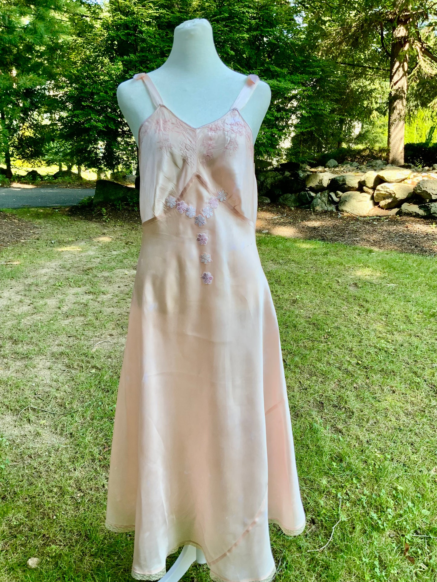 1940s Vintage Peach Satin Slip Dress Embroidered Floral Bodice Restored Bridal Boudoir Nightgown.40CG