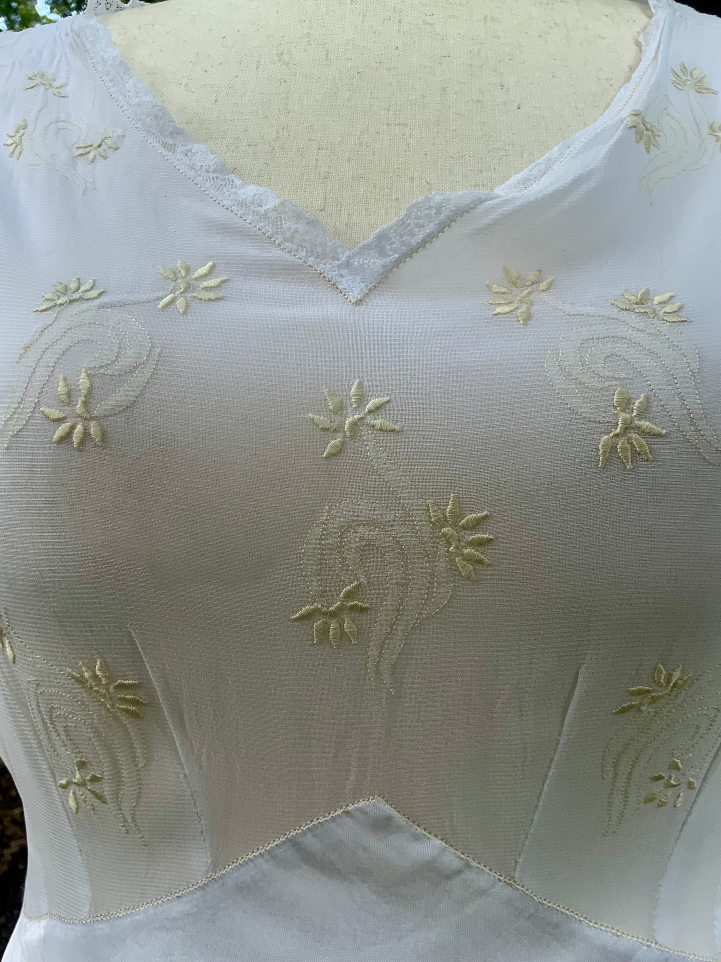 Vintage Satin & Embroidered Sheer Top Slip Dress | 1930s Bias Cut Boudoir Gown-AAA