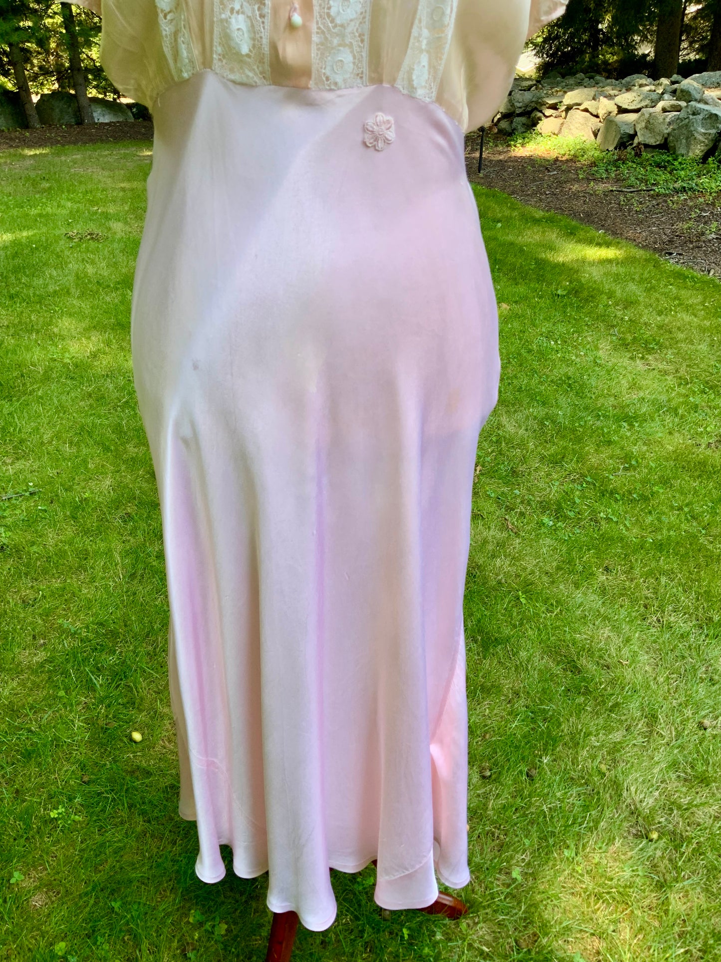 1930s Peach & Blush Silk Nightgown Vintage Boudoir Gown Original Belt Lace Bridal Lingerie Romantic Old Hollywood-30CV