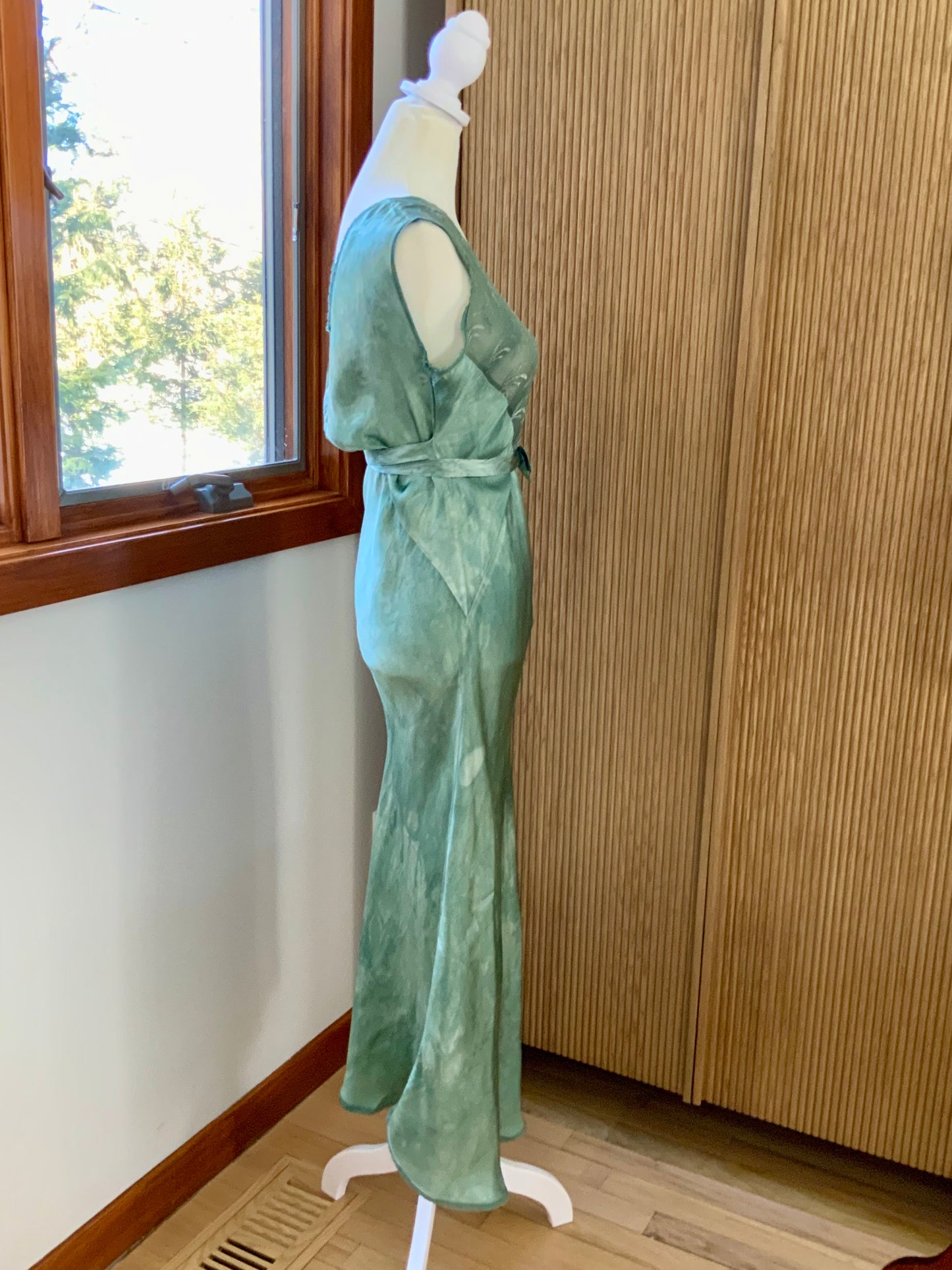 Hand Dyed Antique Satin & Chiffon Nightgown | Restored Vintage Lingerie Dress | 1930s Bias Cut Green Silk Satin Slip
- 40AD