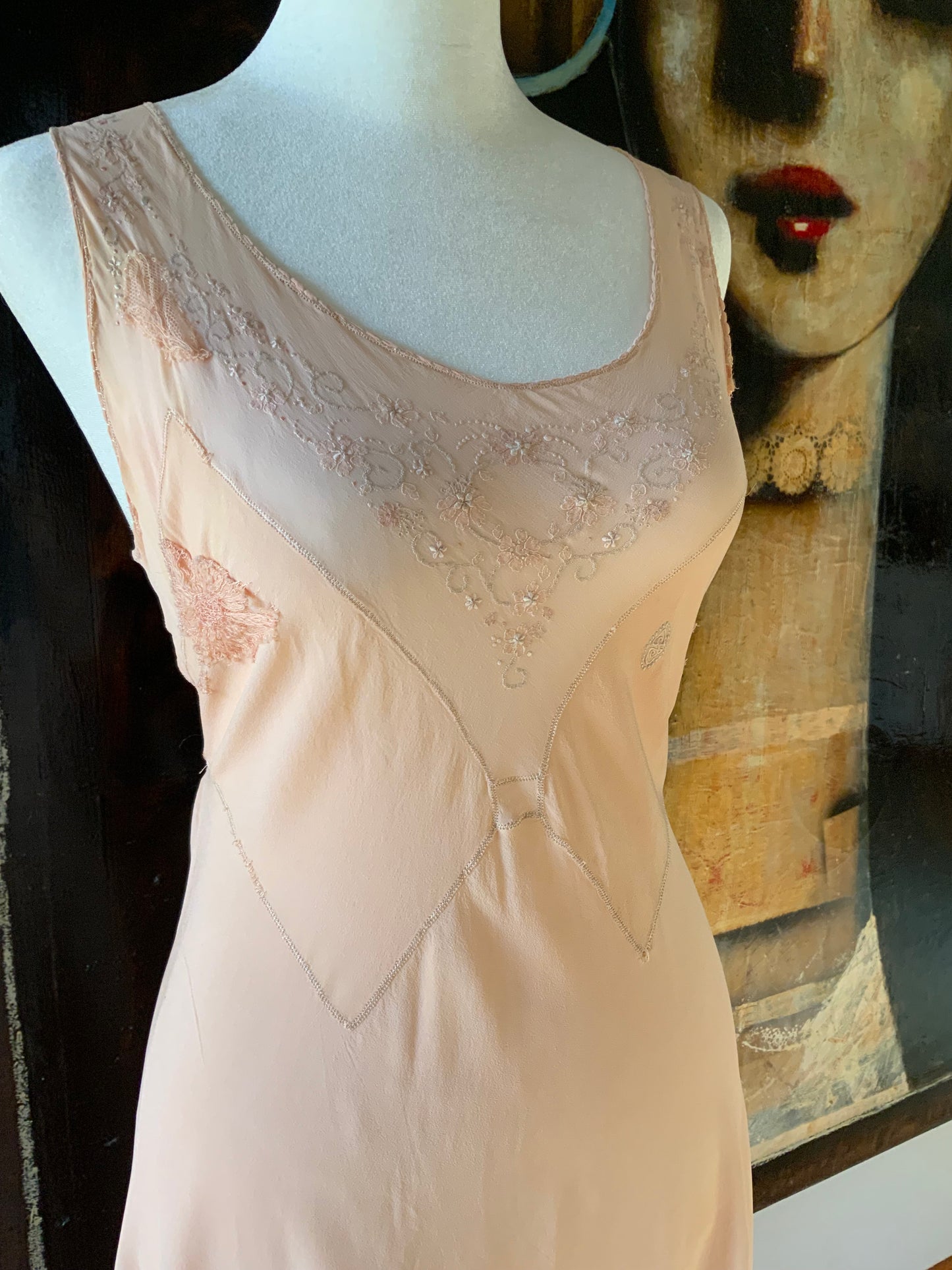 1930s Peach Rayon Nightgown with Art Deco Embroidery & Restored Lace Appliqués – Bias Cut Vintage Lingerie - 30AZ