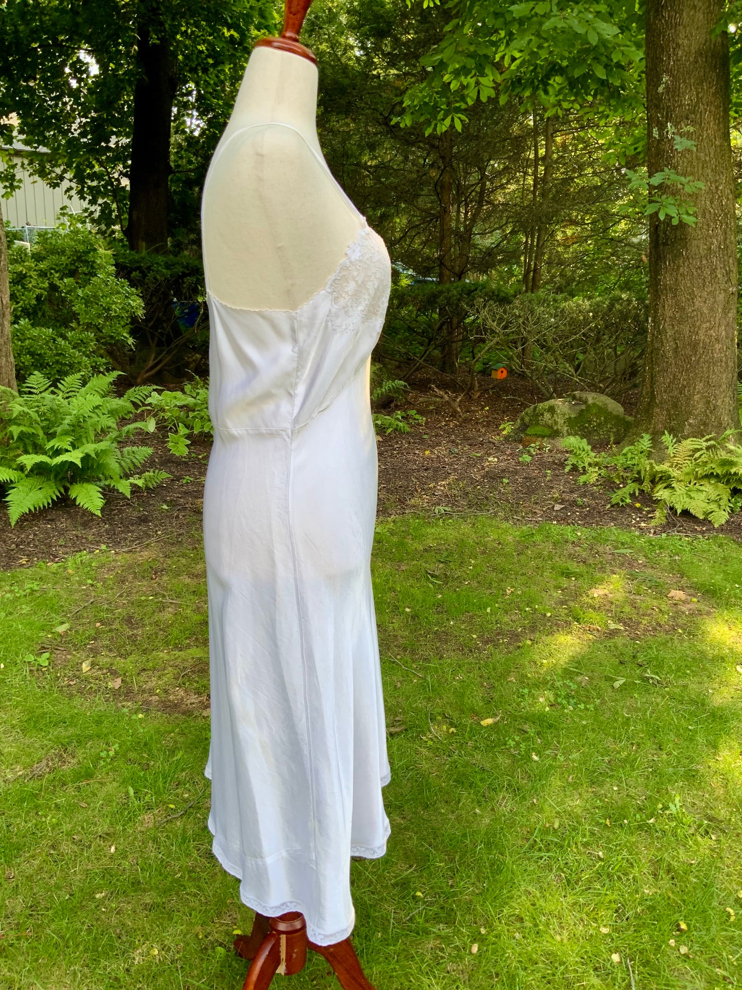 1930s White Satin Bias Cut Slip Dress with Floral Lace .40BT