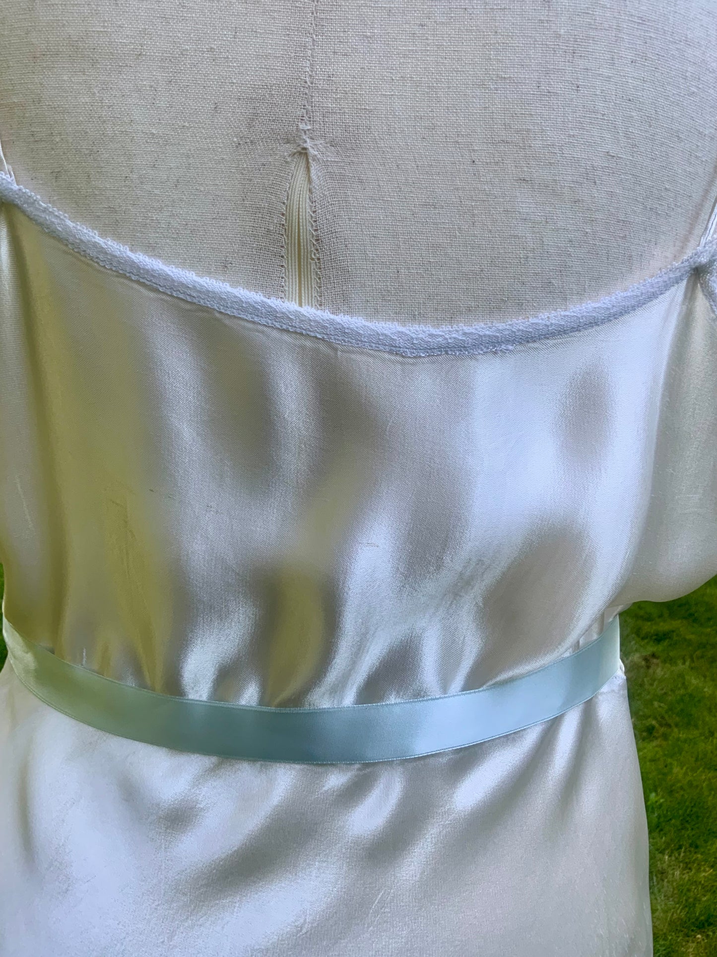 1930s Ivory Silk Satin Embroidered Slip Dress | Blue Floral Boudoir Nightgown | Bias Cut Bridal Lingerie | Old Hollywood Glamour-40AV
