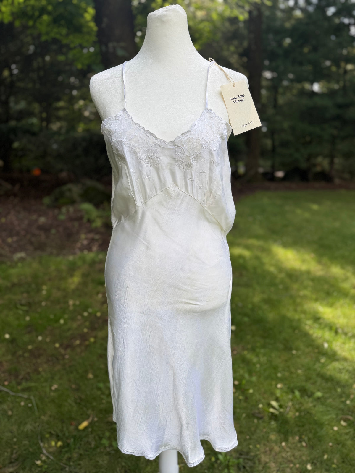 1930s White Pure Rayon Bias Cut Slip Dress with Lace Bodice.30CH