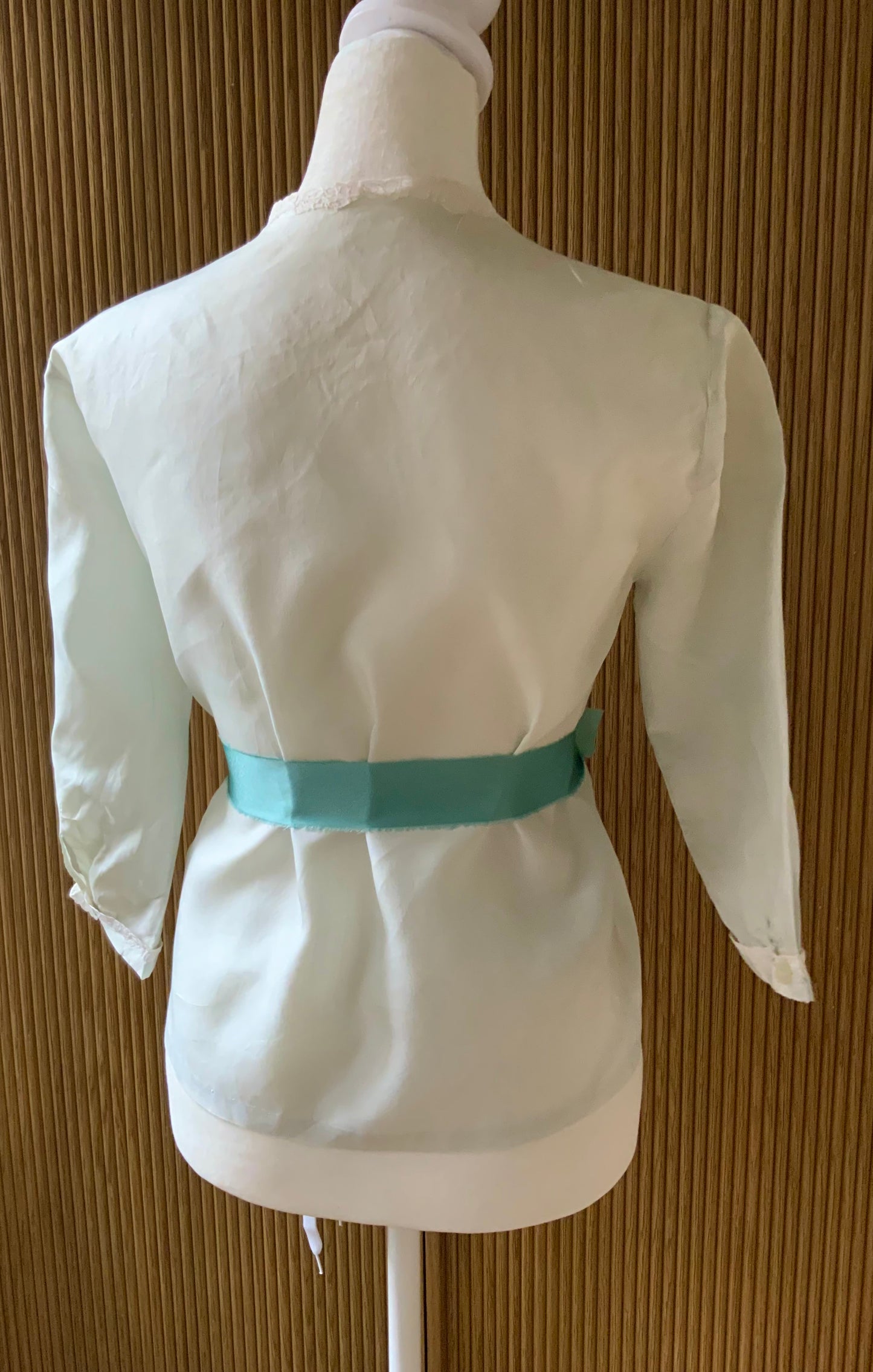 1940s Silk Satin Blouse with Lace Appliqué | Mint Green | Edwardian Revival-40AT