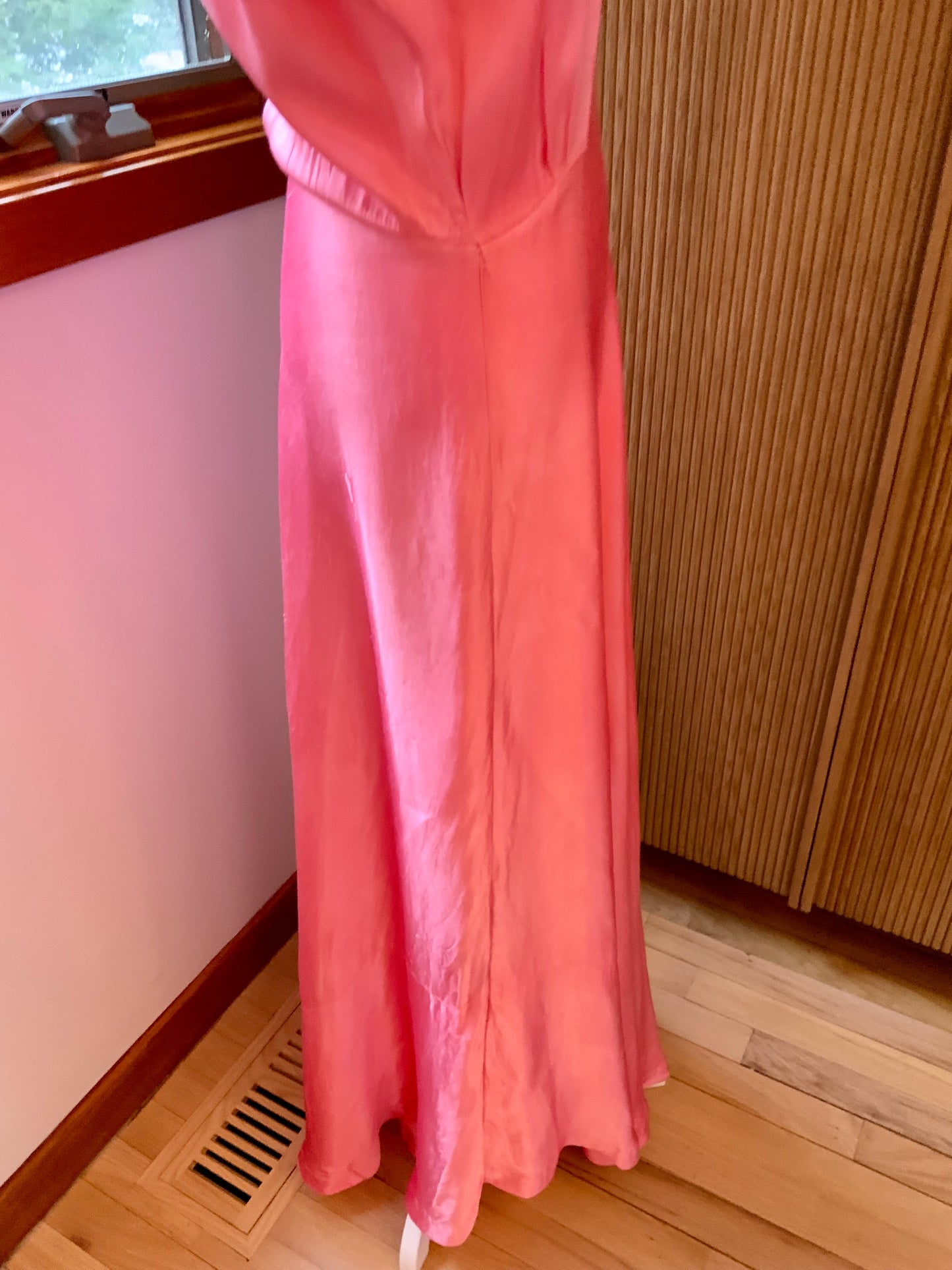 1970s Hand Dyed Coral Satin Gown | 1940s Inspired Lace Cap Sleeve Maxi Dress | Vintage Pink Bias Evening Dress
 - 50AG