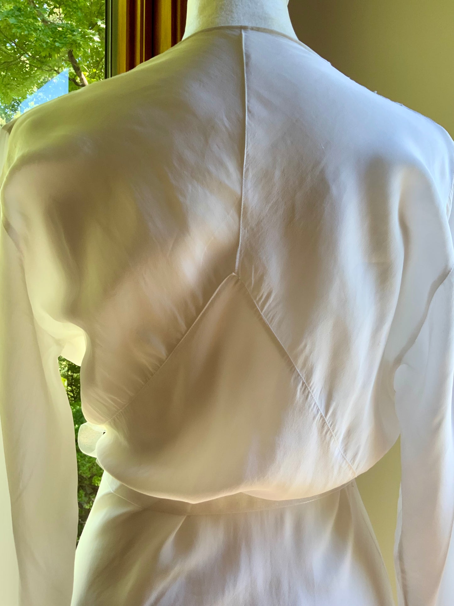 Vintage Ivory Silk Satin Long Sleeve Bridal Gown | Deep V-Neck Lace Maxi Dress-70BD