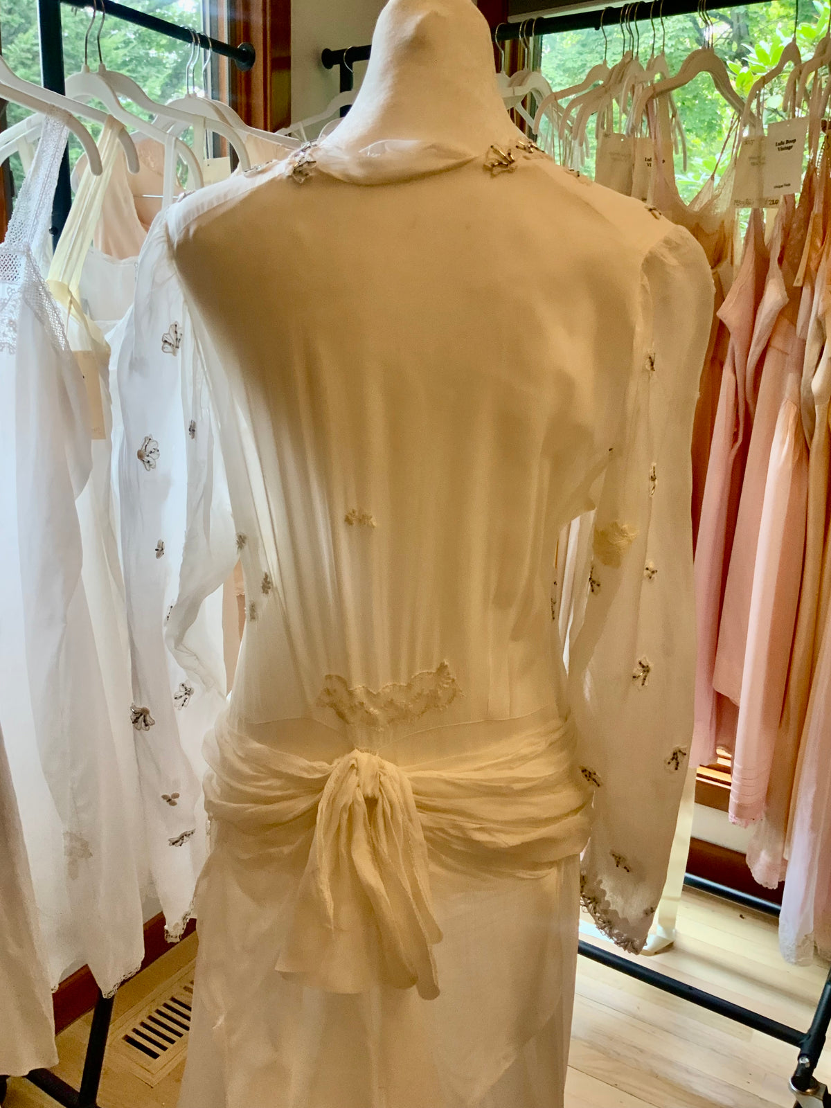 Circa 1940s Ivory Chiffon Wedding Gown with Beaded Shell Motifs and Lace Appliqués.40CH.