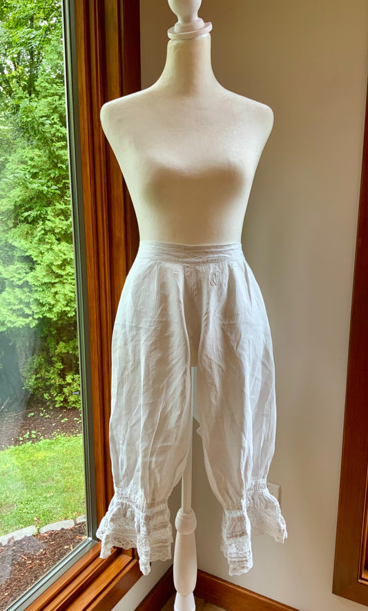 Antique Edwardian White Cotton Bloomers | Monogrammed Lace Pantaloons | Romantic Heirloom Lingerie-ED85