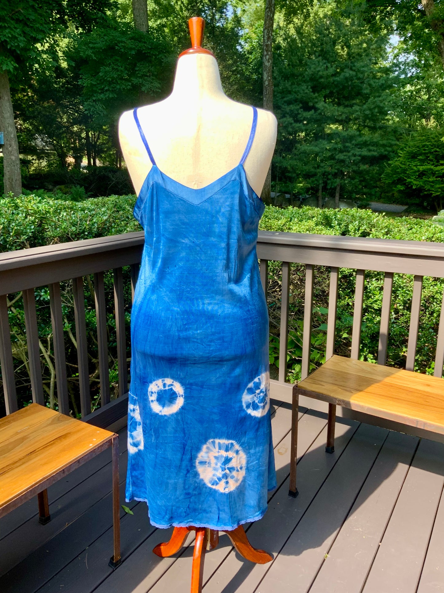 Mid-Century Hand Dyed Blue Tie Dye Satin Slip Dress.60P.