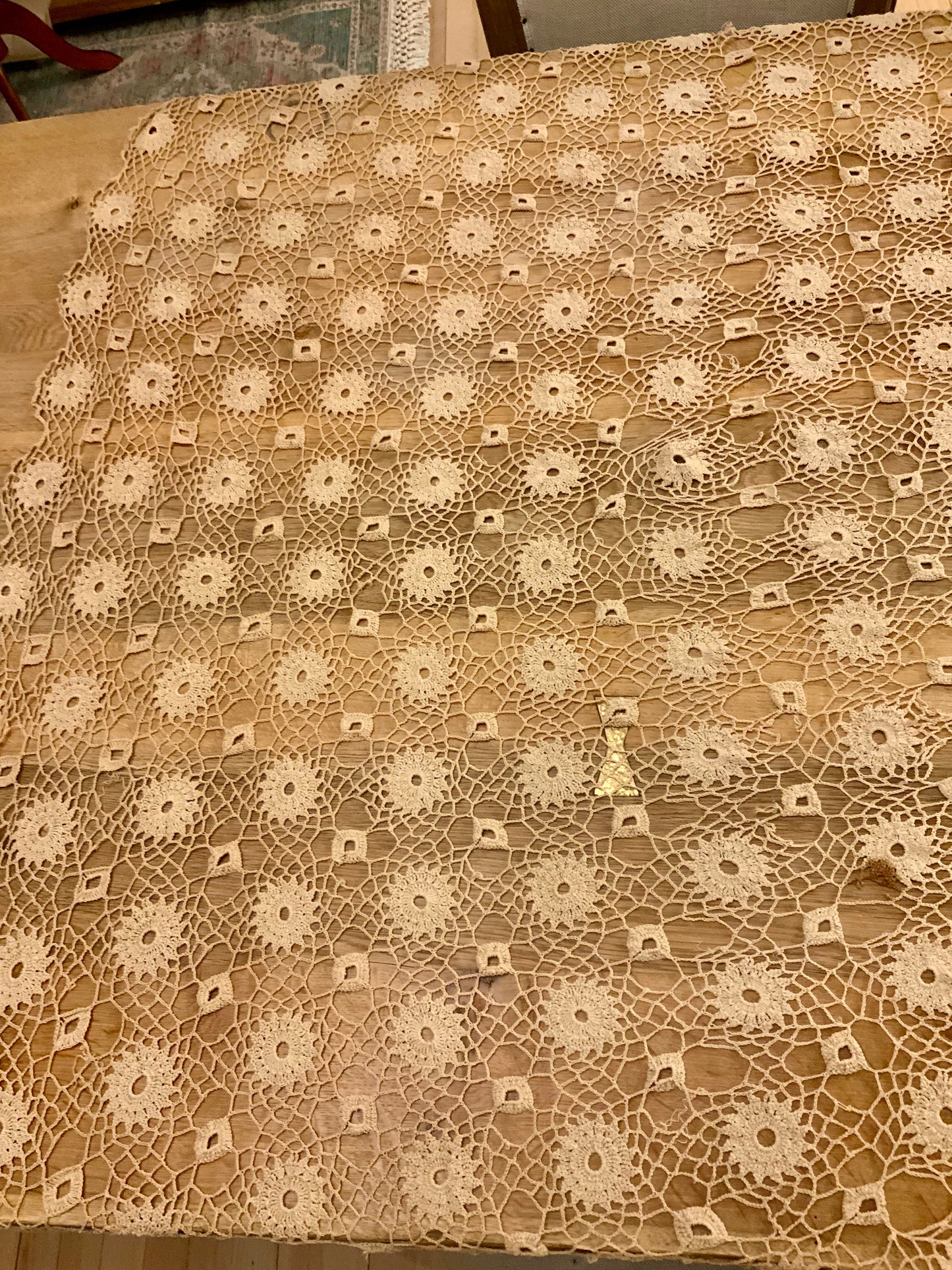 Large Antique Crochet Lace Tablecloth – Handworked Heirloom Textile – Decorative Statement Piece – Early 20th Century- Iconic Rare