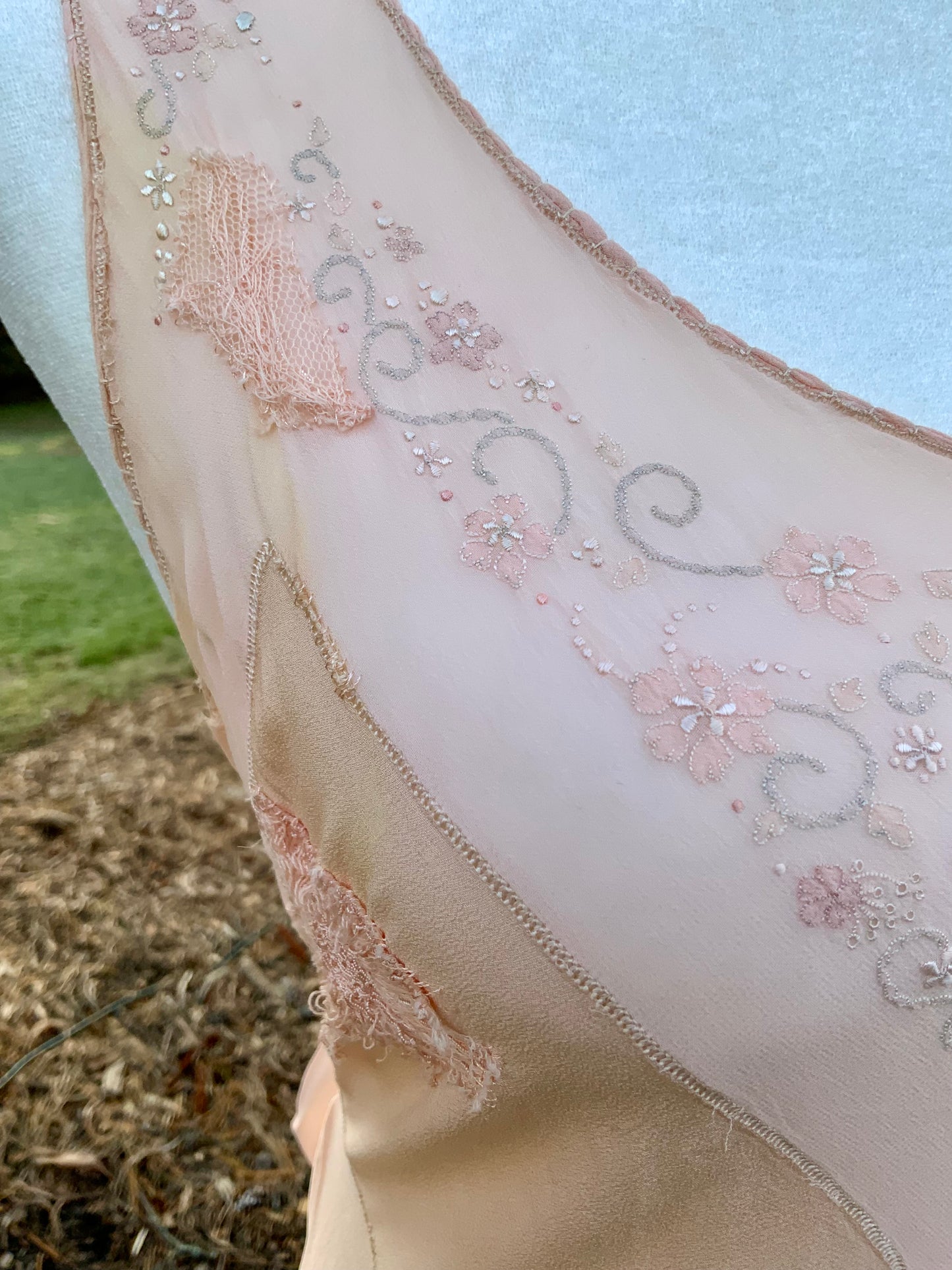 1930s Peach Rayon Nightgown with Art Deco Embroidery & Restored Lace Appliqués – Bias Cut Vintage Lingerie - 30AZ