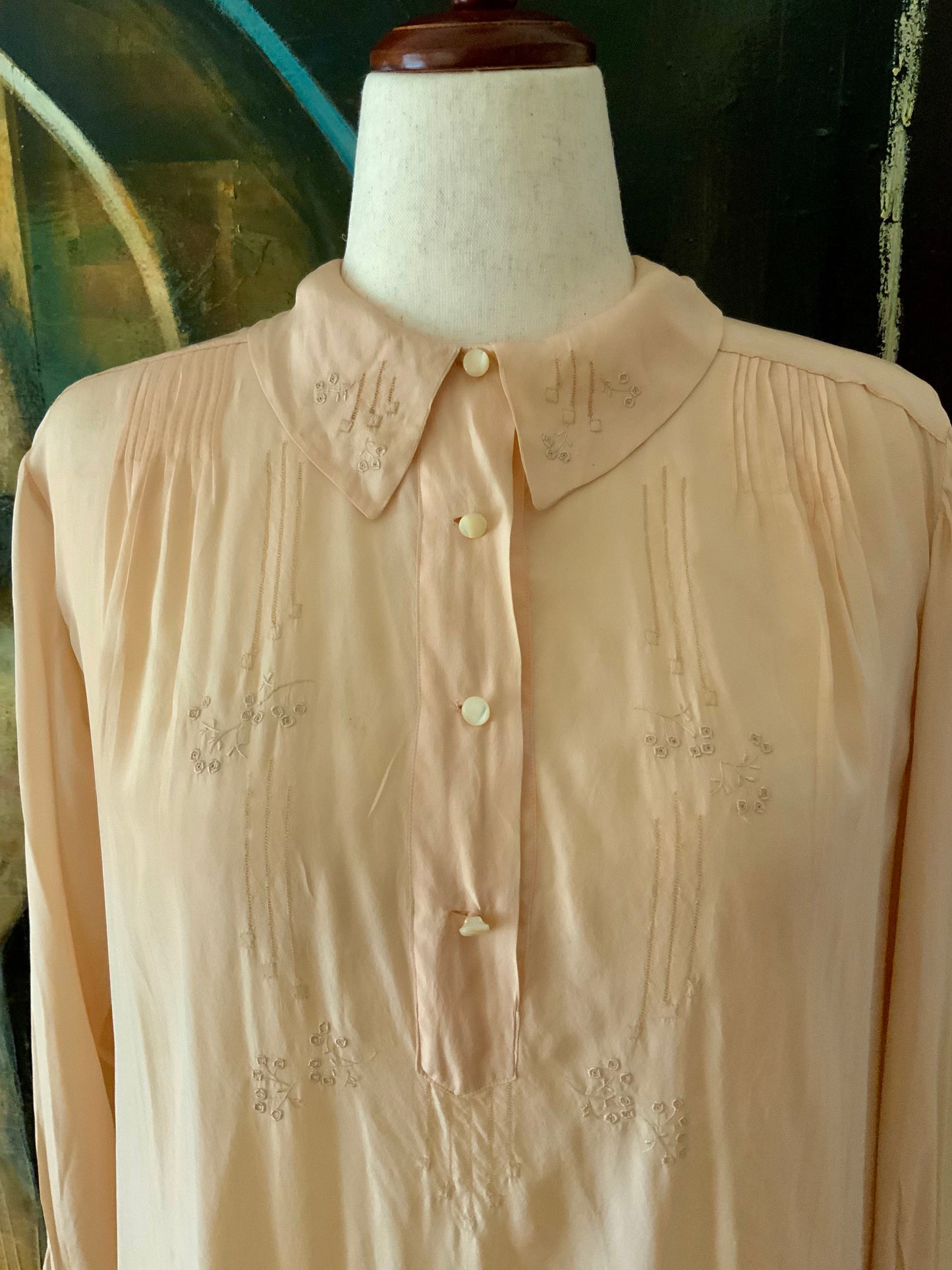 Long Sleeve Silk Nightgown Embroidered - 20s