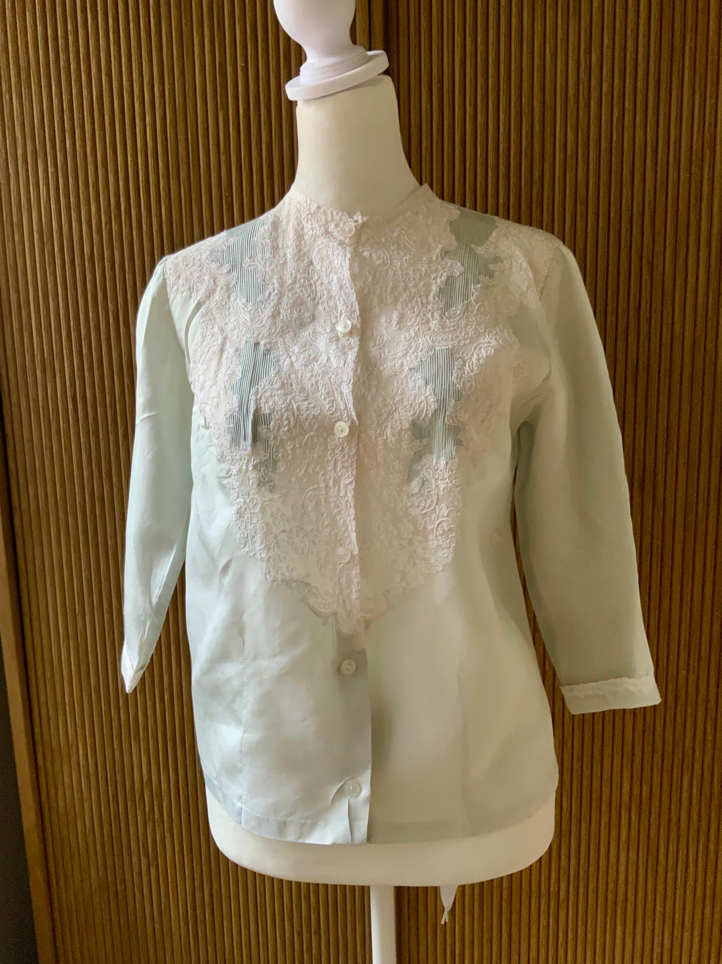 1940s Silk Satin Blouse with Lace Appliqué | Mint Green | Edwardian Revival-40AT