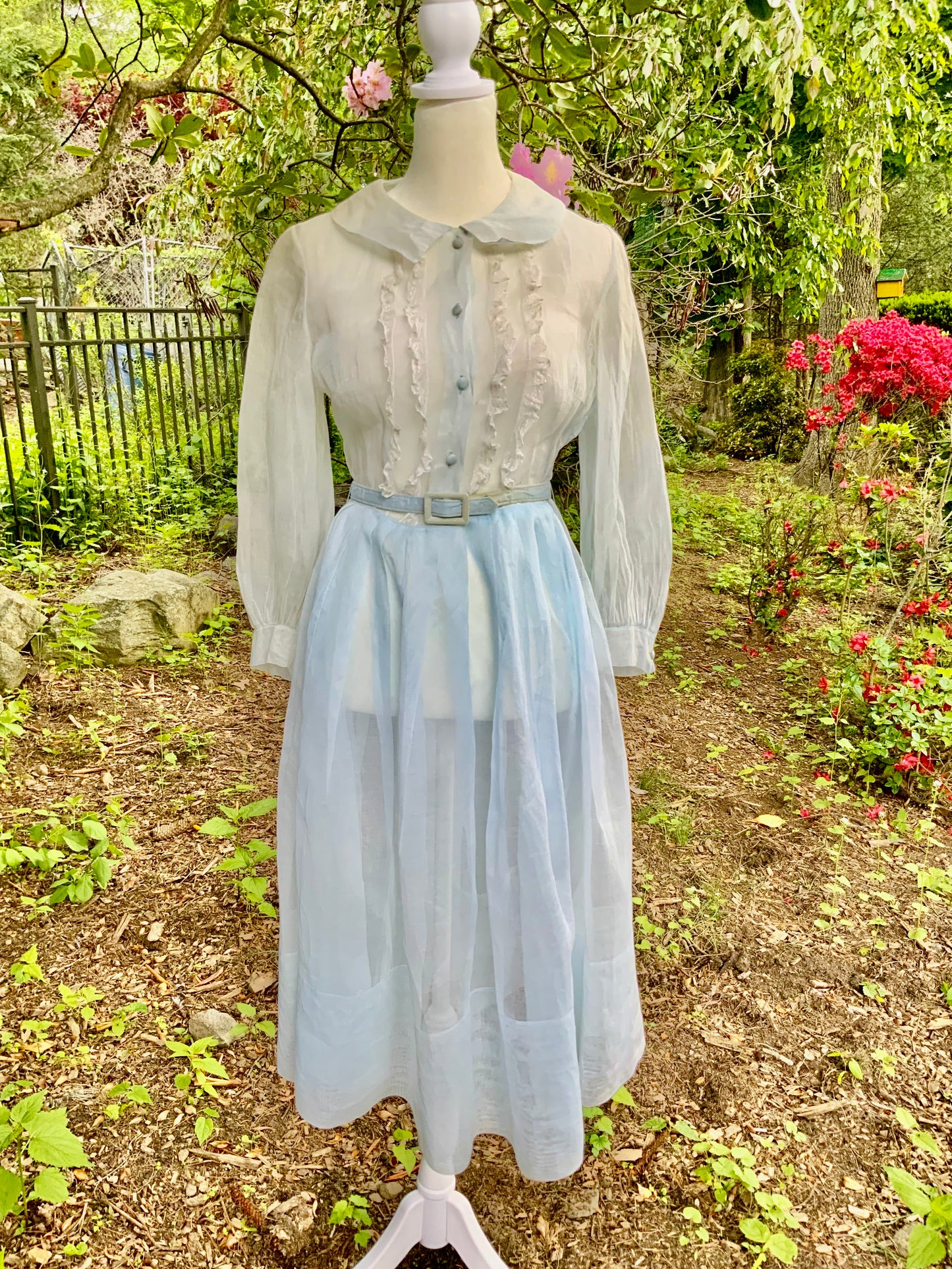 Late 1930s 1940s Sheer Blue Cotton Organdy Dress Romantic Lingerie Style Dress-30CR