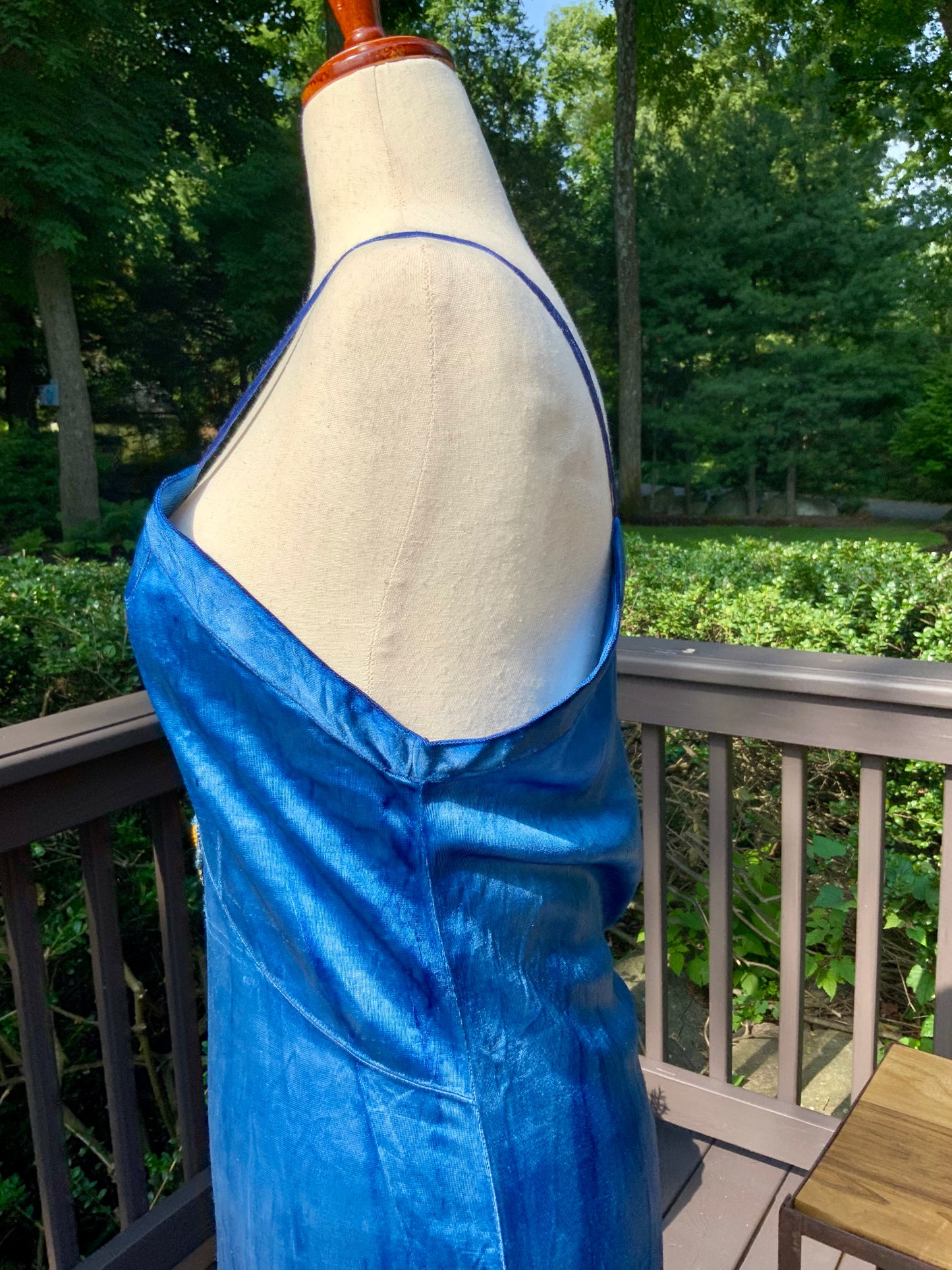 Mid-Century Hand Dyed Blue Tie Dye Satin Slip Dress.60P.