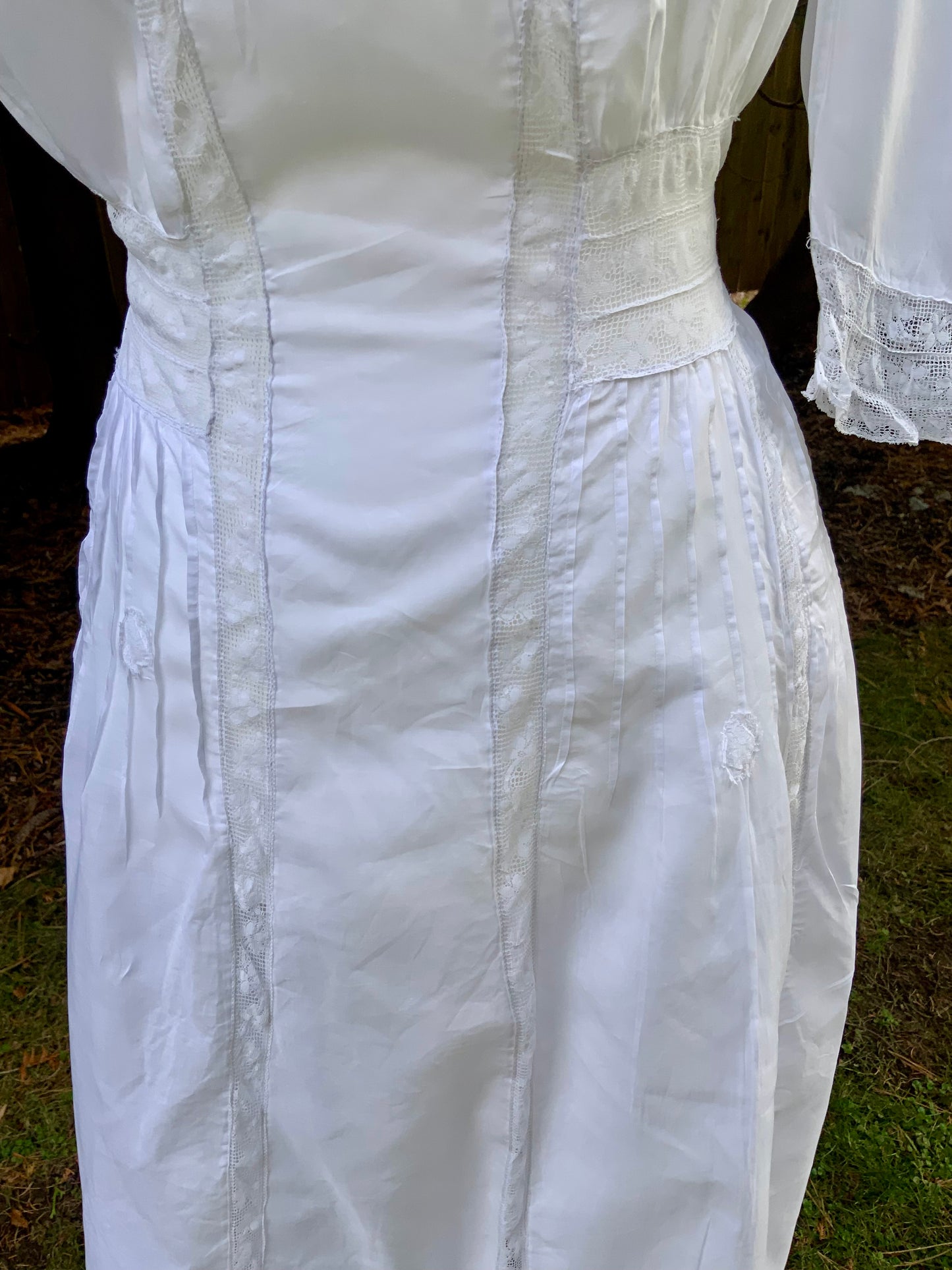 Edwardian White Cotton Lace Tea Dress c.1908–1914 — Pintucks, Lace Inserts - ED37