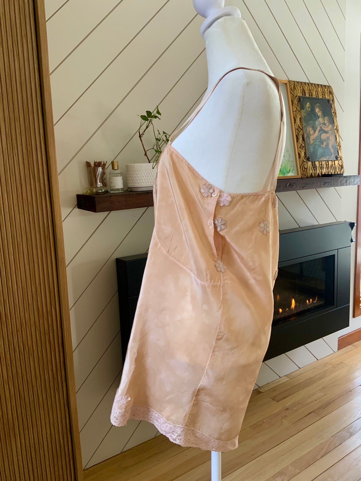 1920s–30s Tea-Dyed Silk Boudoir Teddy | Antique Peach Silk Chemise | Restored Lace Lingerie | Romantic French Style Teddy-20AM