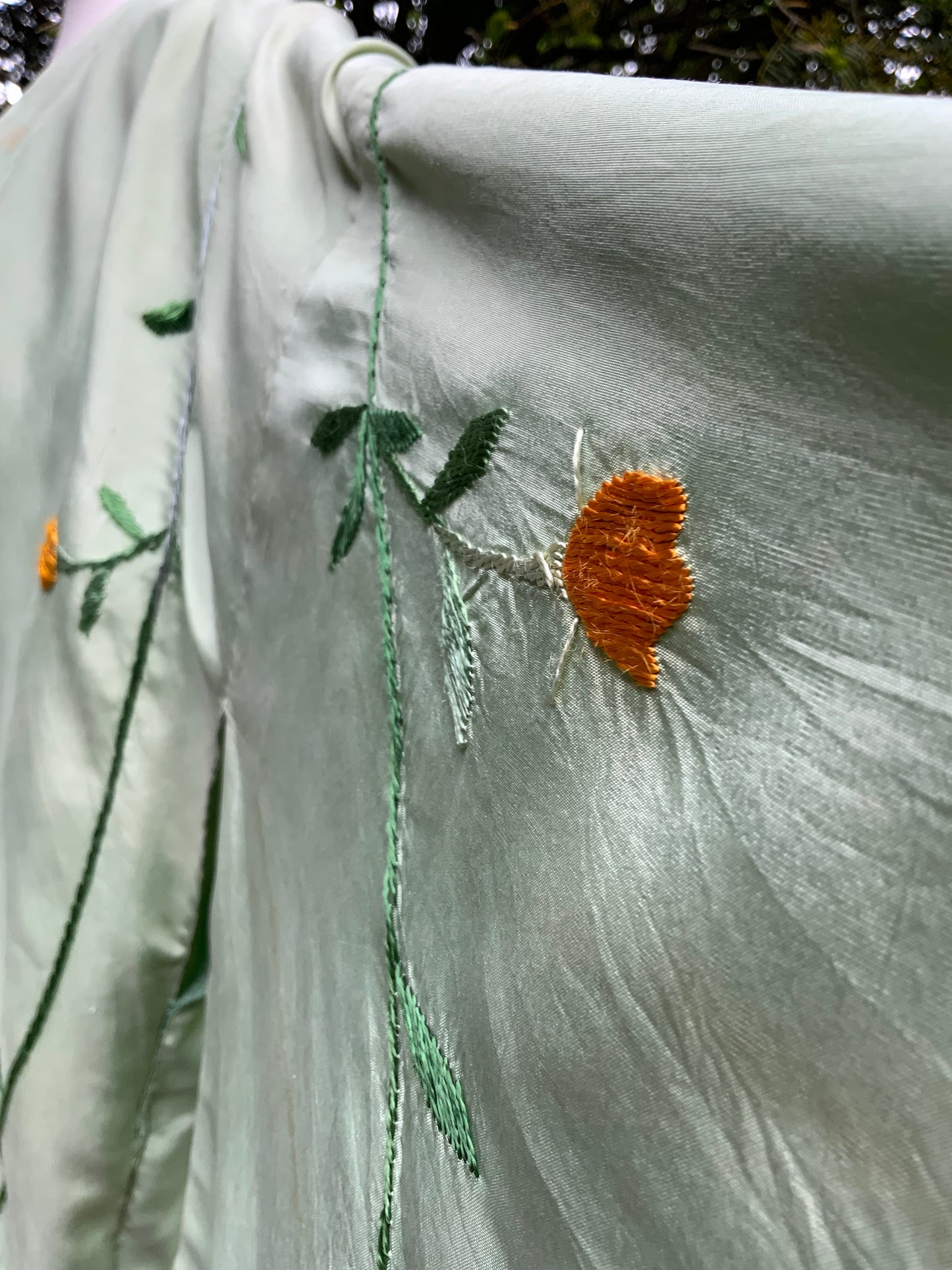 Vintage Japanese Silk Embroidered Kimono | Celadon Green Floral Robe
-40CD