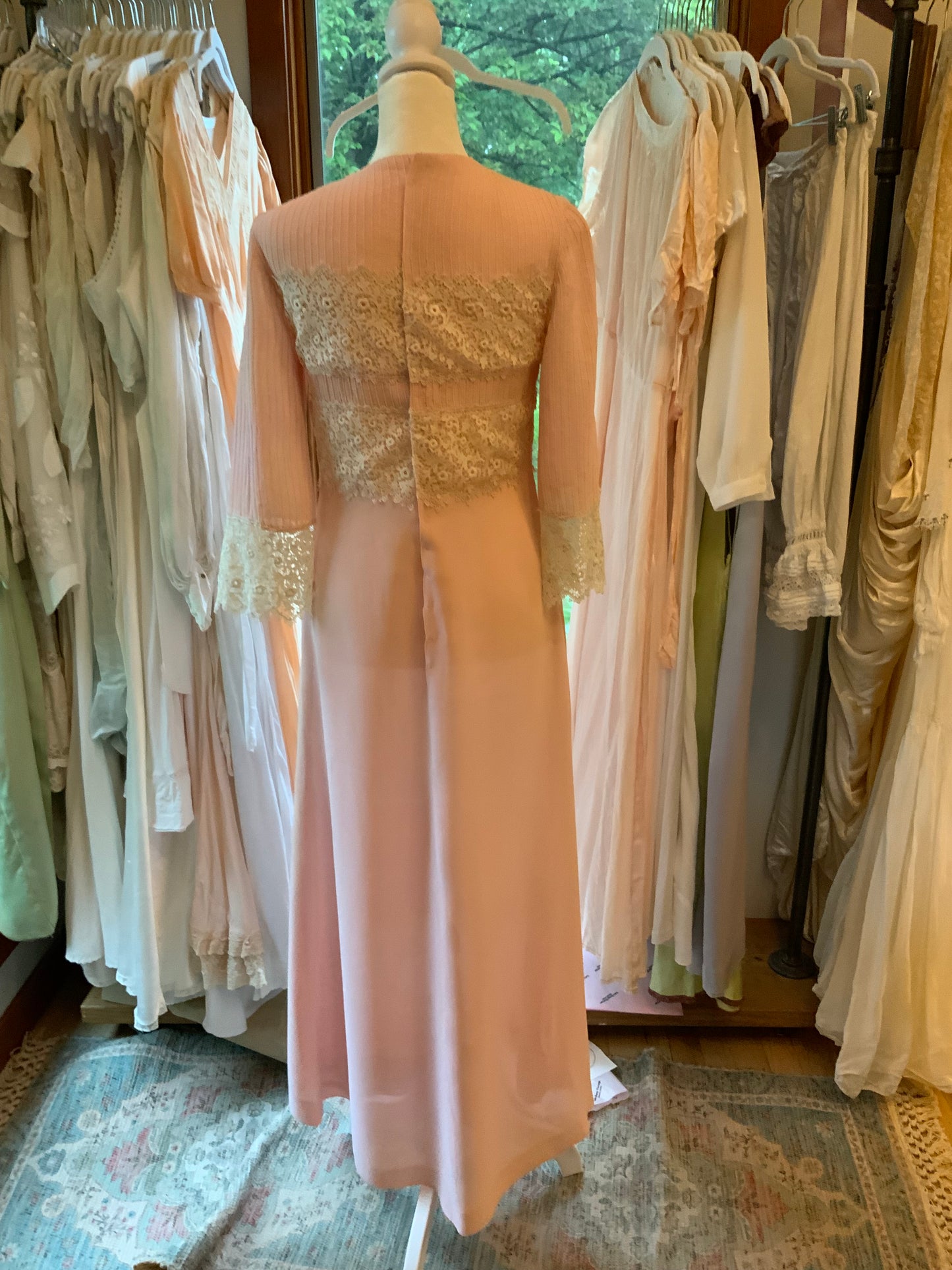 1970s Pink Lace Hostess Gown with Sheer Sleeves - 70BC