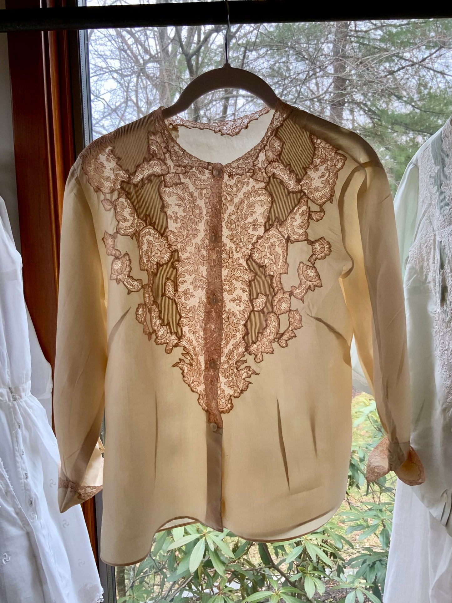1930s Silk Blouse with Blush Lace Appliqué – Sheer Antique Chiffon Top, Romantic Lingerie Style, Bridal Boudoir Vintage-30BG