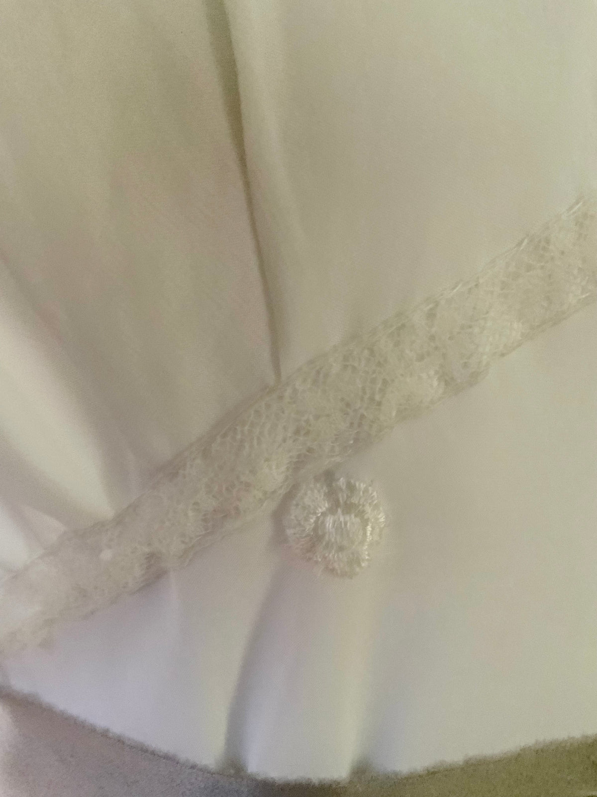 Circa 1930s–1940s White Satin Nightgown with Floral Lace and Ribbon Sash.