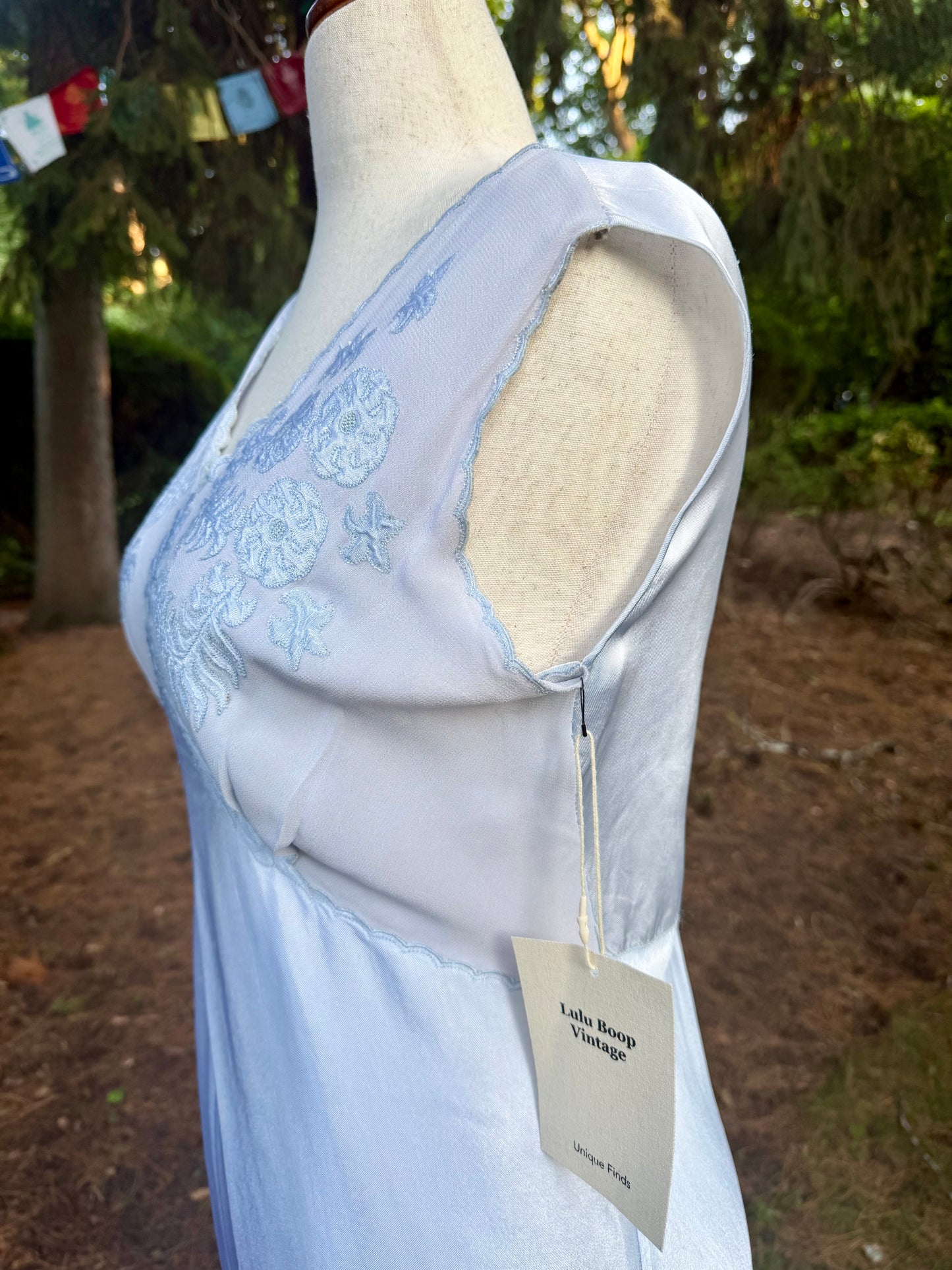 1930s Powder Blue Silk Satin Slip Dress | Embroidered Illusion Mesh Bodice |Large
-30BV