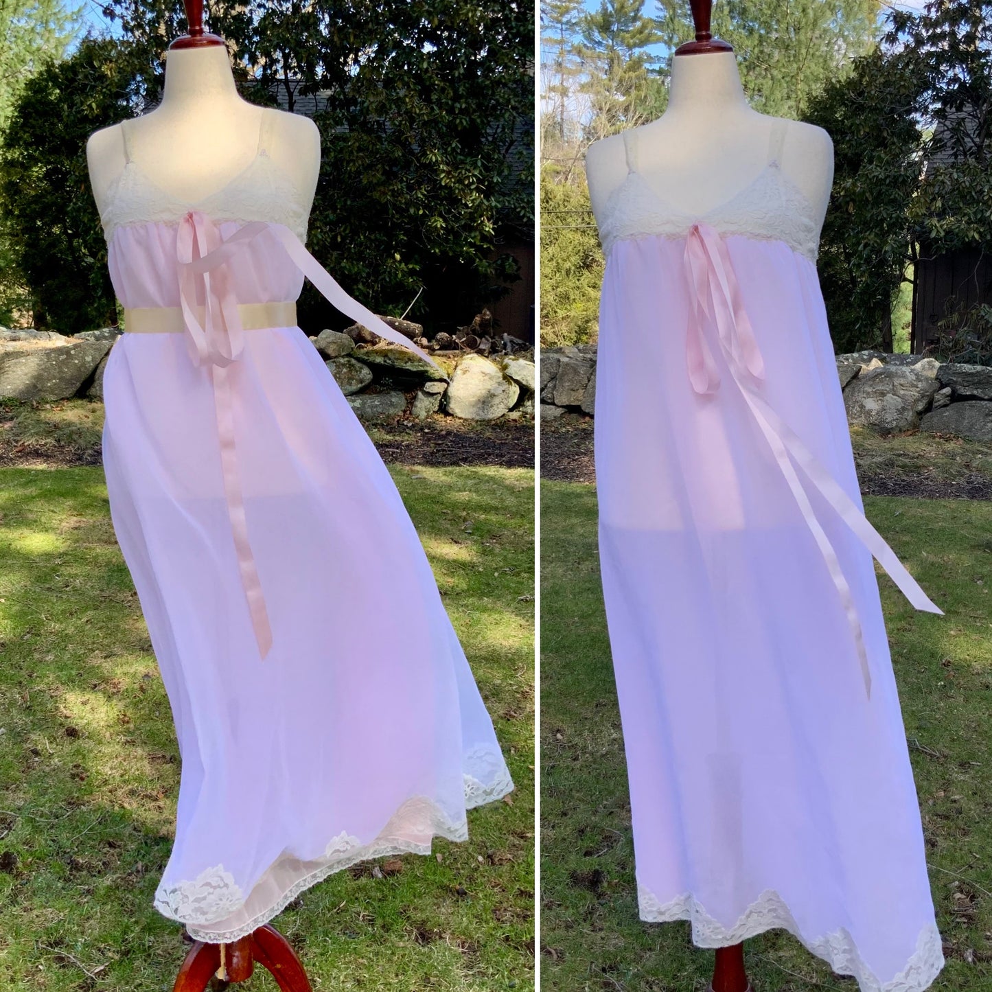 1970s Sheer Pink Nylon Nightgown with Floral Lace Appliqué Bodice & Double Layer – Romantic Lingerie Dress-70B