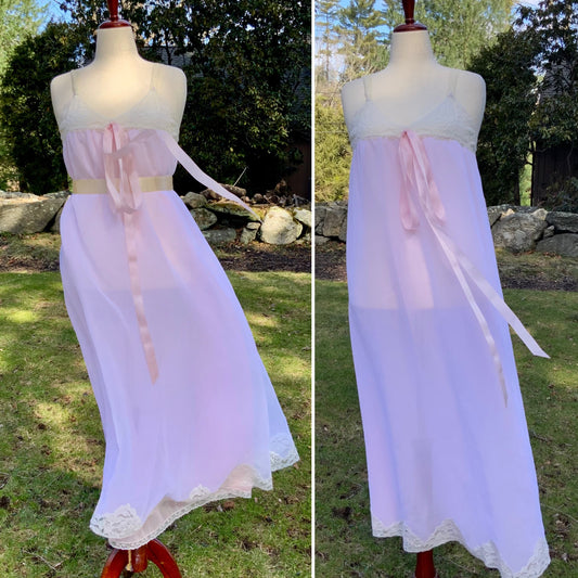 1970s Sheer Pink Nylon Nightgown with Floral Lace Appliqué Bodice & Double Layer – Romantic Lingerie Dress-70B