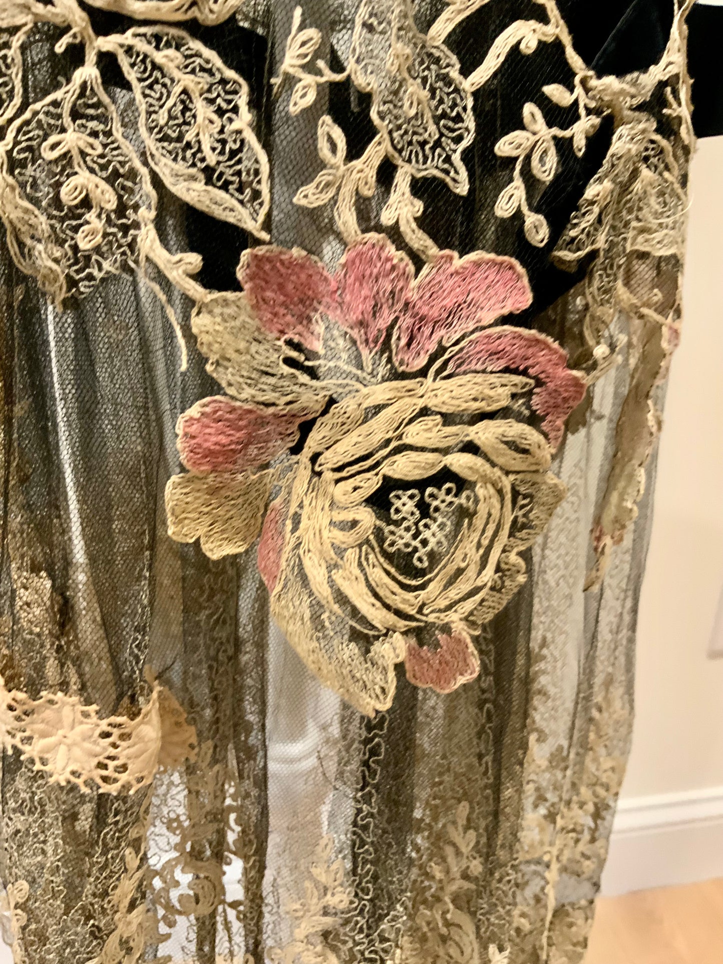 Rare 1920s French Lace Dress. Black Net & Pink Floral Embroidery. Restored Antique Flapper Dress.20AT.