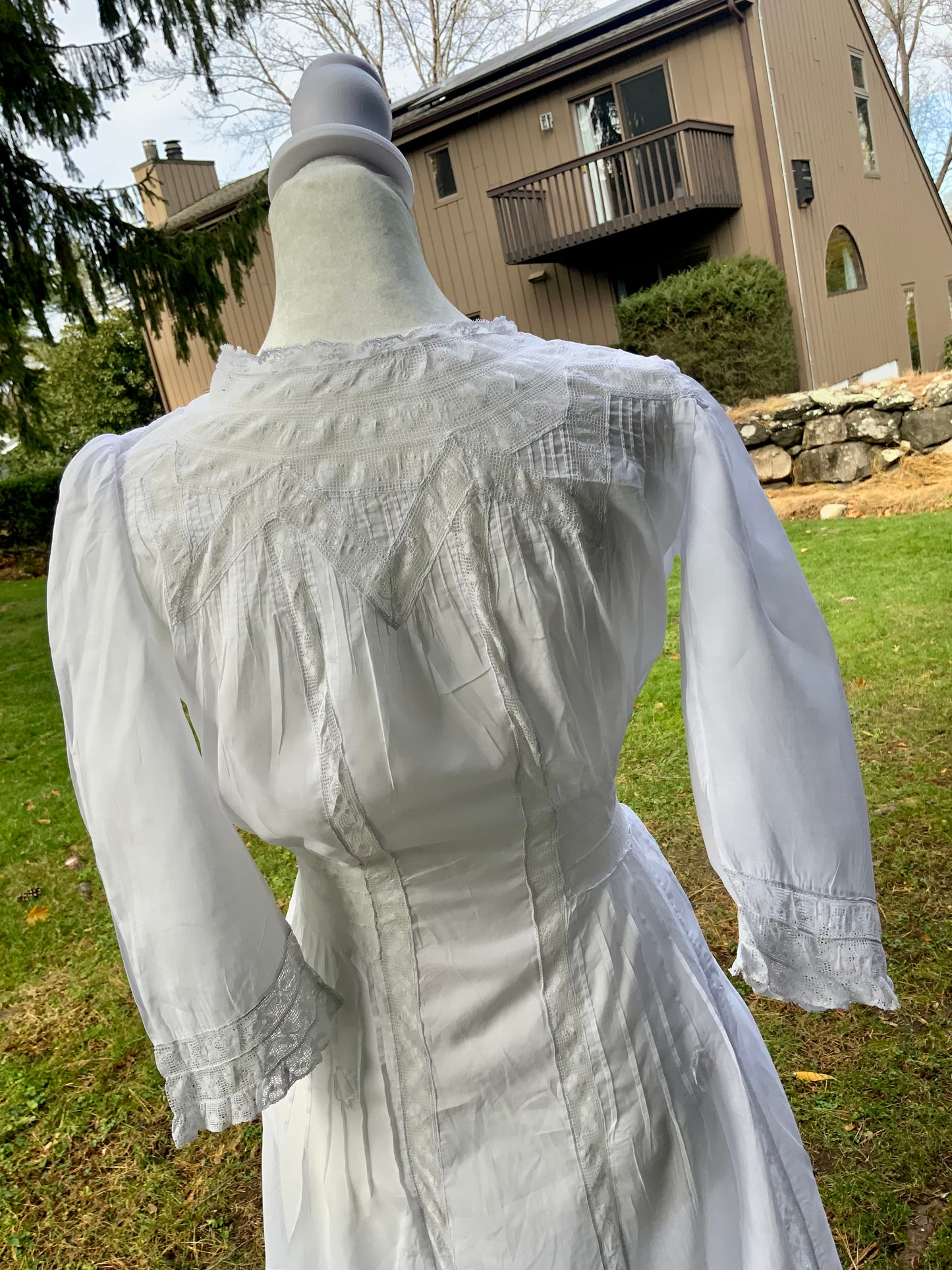 Edwardian White Cotton Lace Tea Dress c.1908–1914 — Pintucks, Lace Inserts - ED37