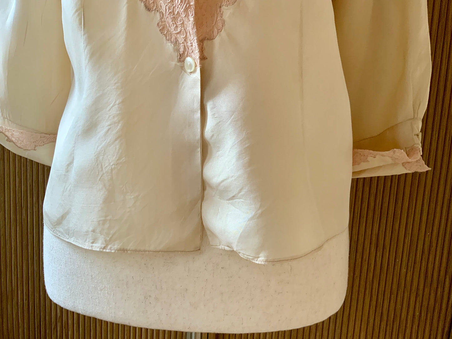1930s Silk Blouse with Blush Lace Appliqué – Sheer Antique Chiffon Top, Romantic Lingerie Style, Bridal Boudoir Vintage-30BG