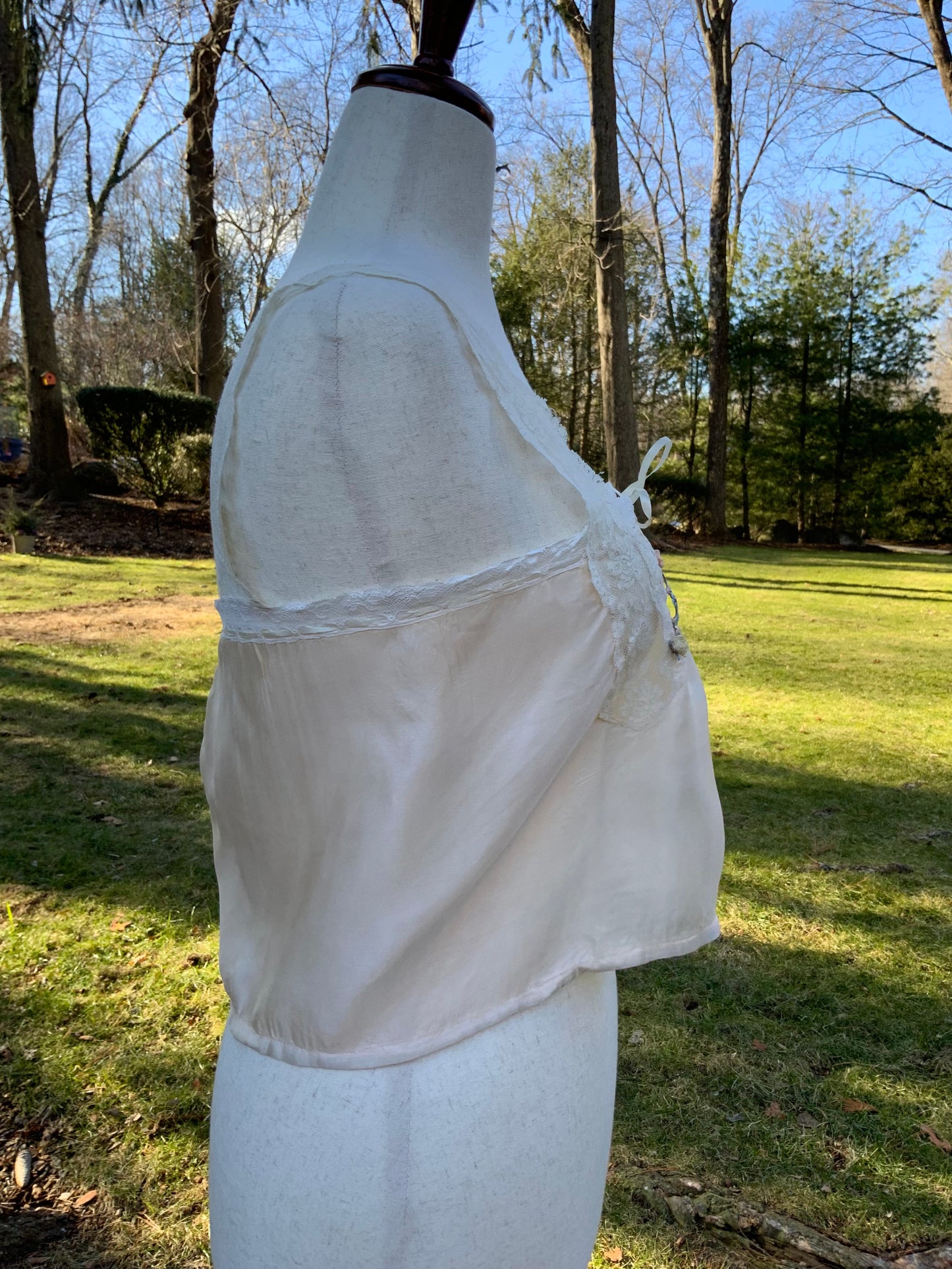 Antique Edwardian Silk Lingerie Camisole with Lace & Rosette Details | Circa 1905–1915-ED44