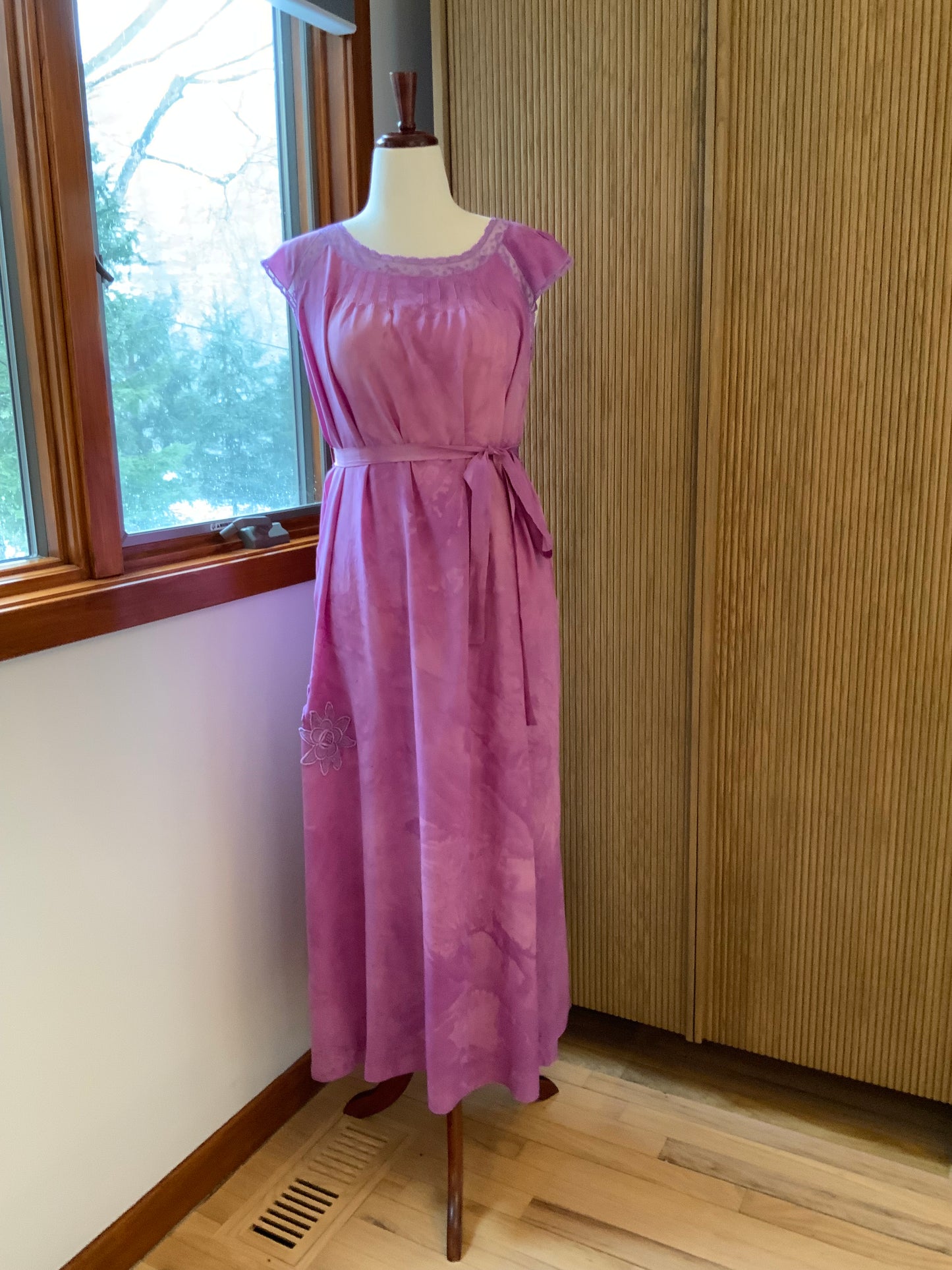 Hand Dyed Silk 1920s–30s Gown | Lavender Lace Pintuck Maxi Dress | Antique Silk Day Dress with Original Belt- 20AD