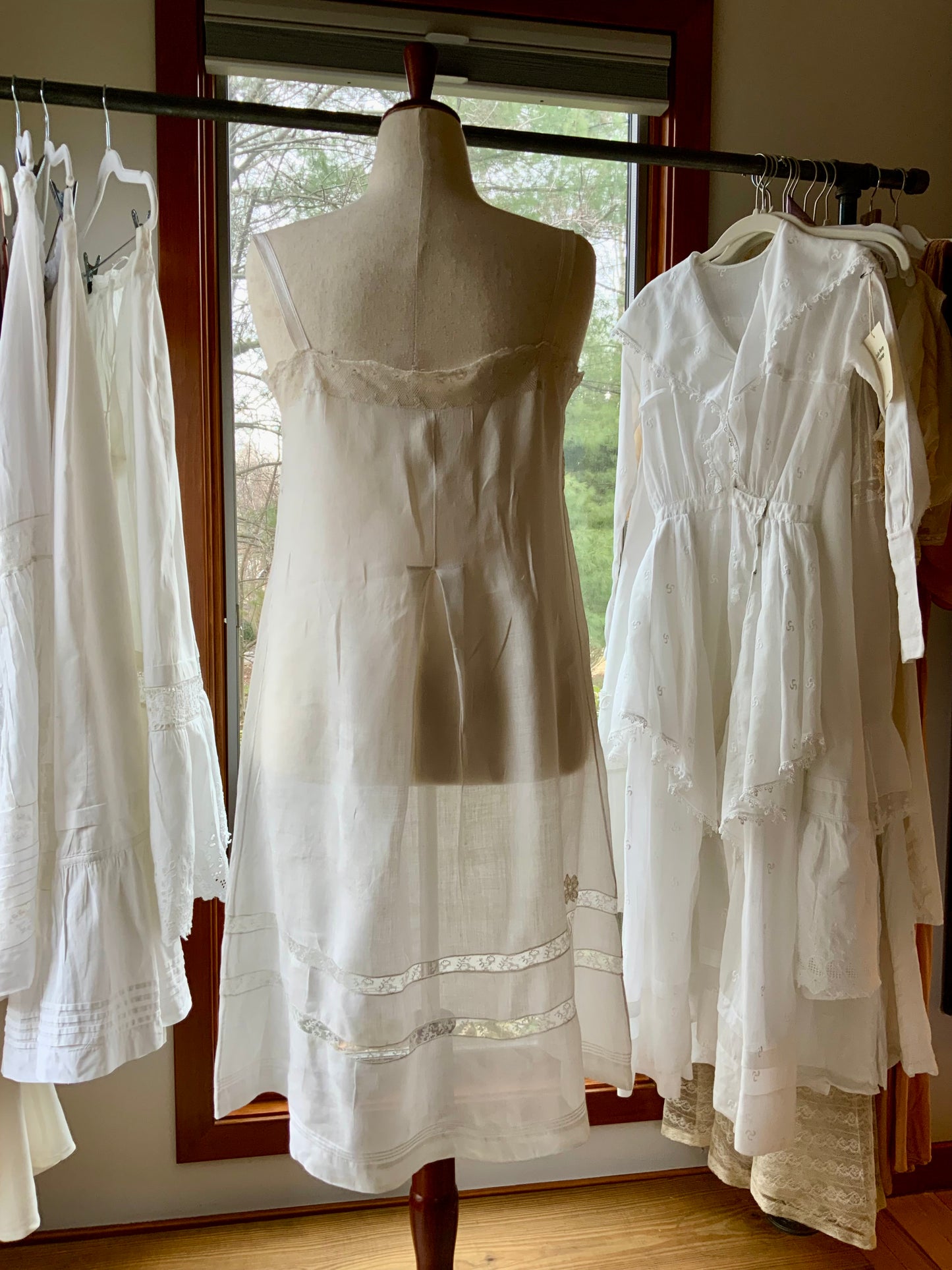 Antique 1910s Cotton Batiste Lingerie Dress with Lace Insertion & Hand Embroidery-ED74