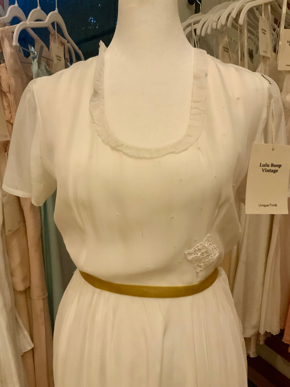 Antique Ivory Chiffon Gown with Ruffled Hem and Lace Appliqué.20ARR