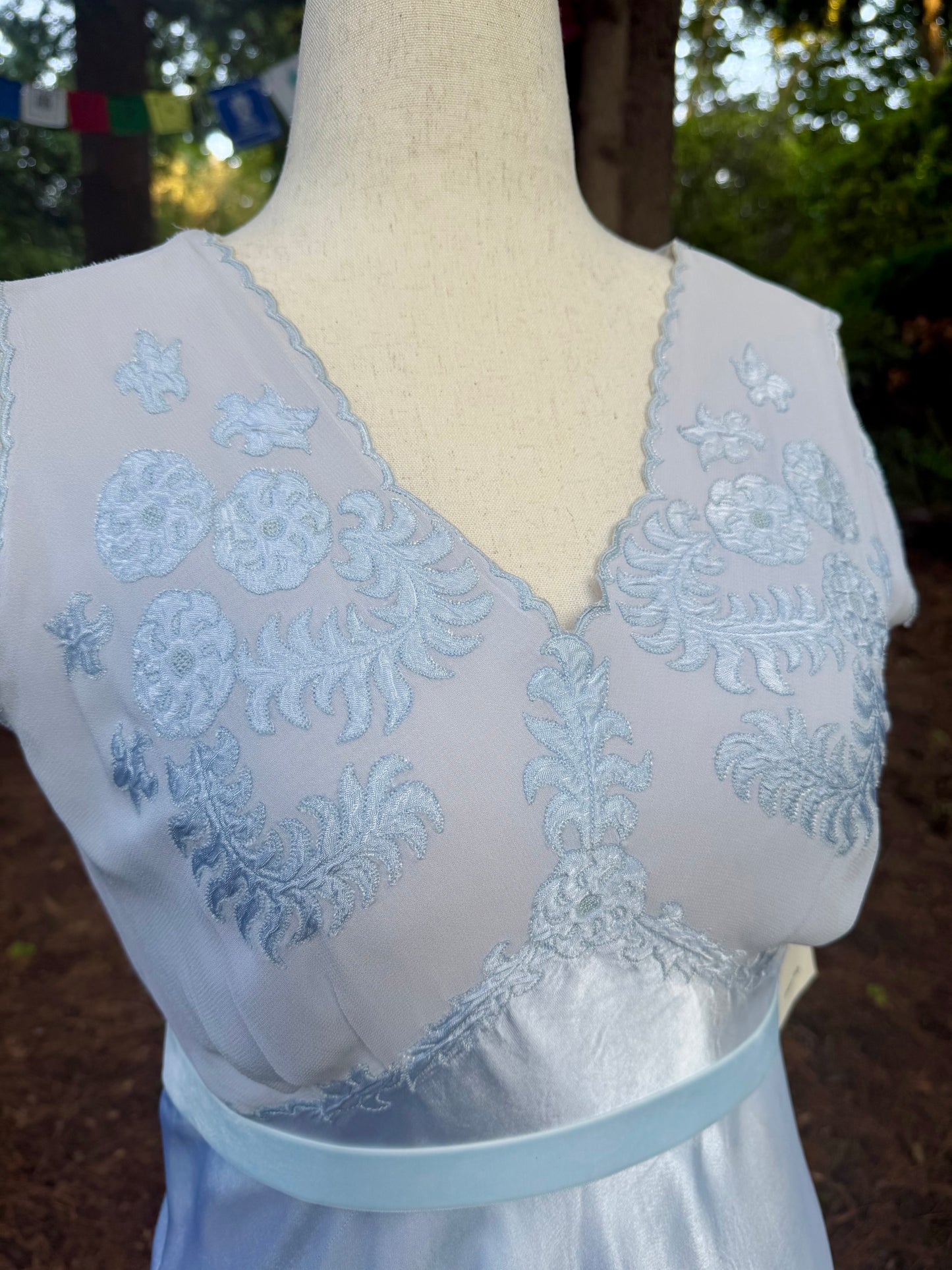 1930s Powder Blue Silk Satin Slip Dress | Embroidered Illusion Mesh Bodice |Large
-30BV
