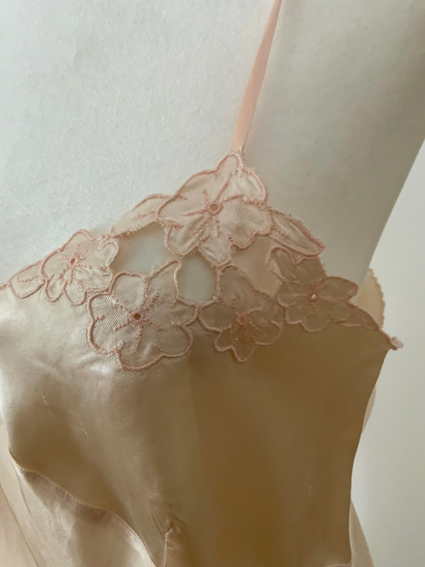 1930s Silk Satin Bias Cut Slip Dress with Floral Lace | Champagne Vintage Lingerie Gown-30BC