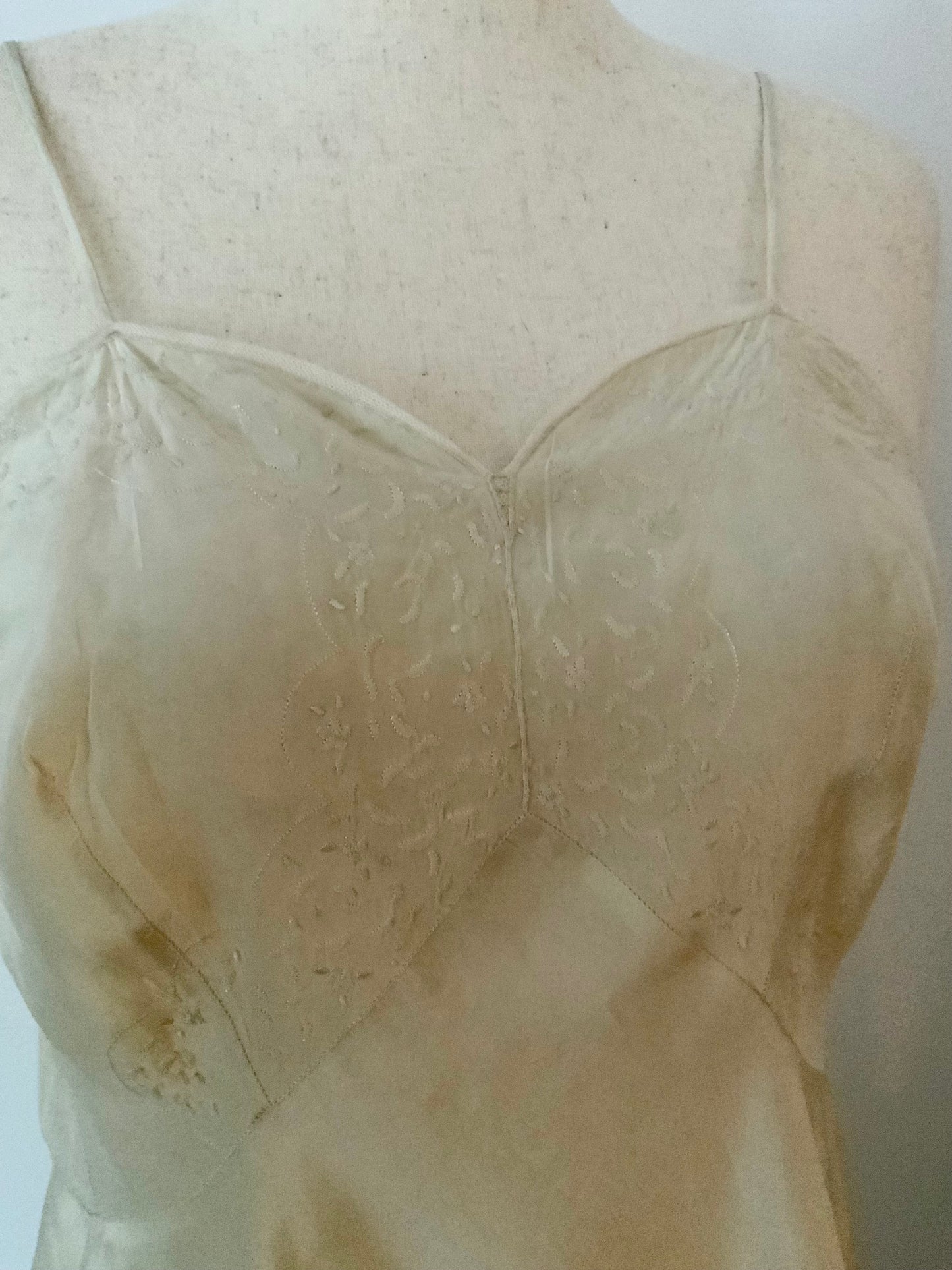 Antique silk lingerie slip, circa 1918–1922, featuring rare open-back drawstring construction and hand-embroidered bust panels- 20AR
