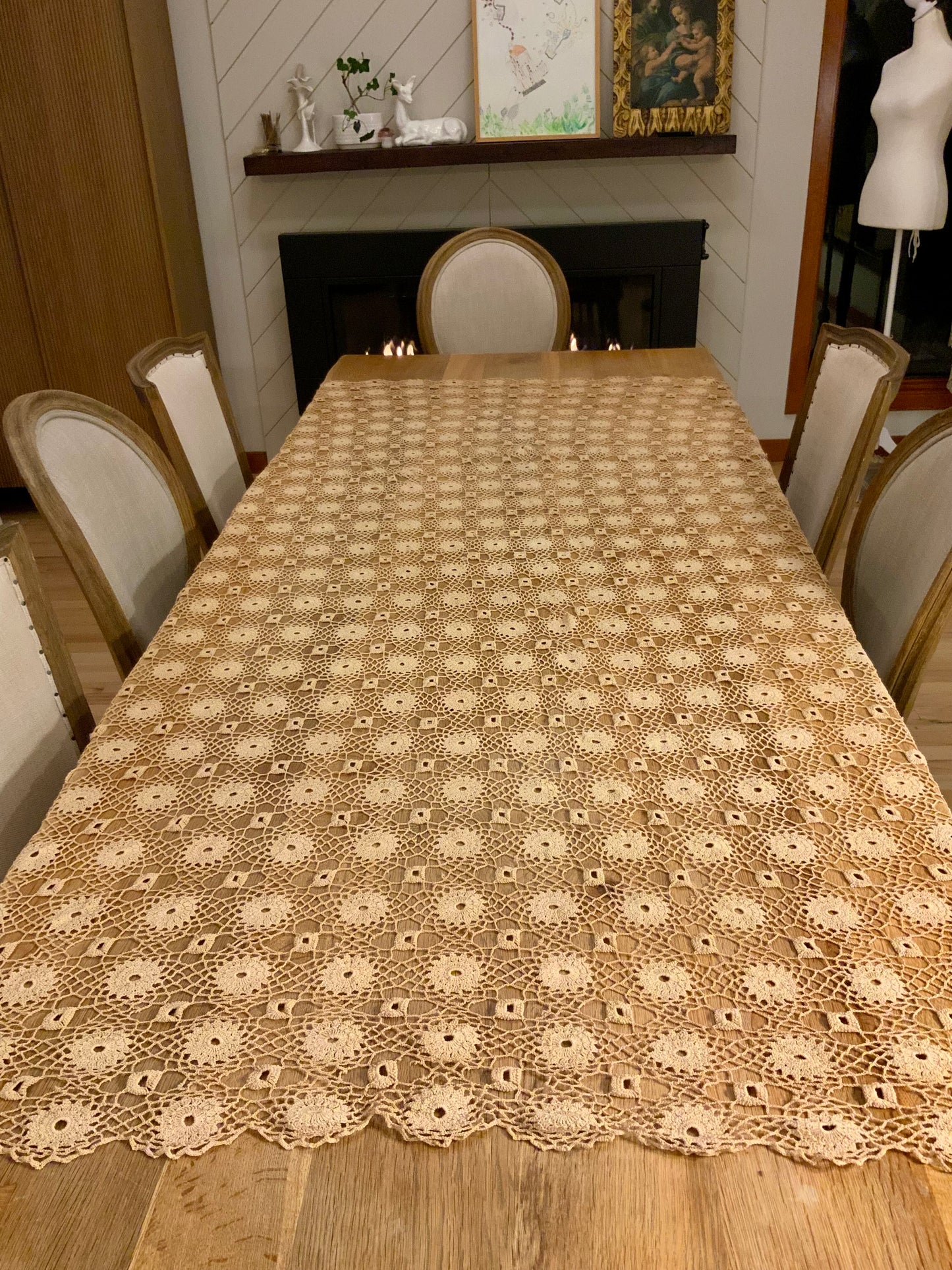 Large Antique Crochet Lace Tablecloth – Handworked Heirloom Textile – Decorative Statement Piece – Early 20th Century- Iconic Rare