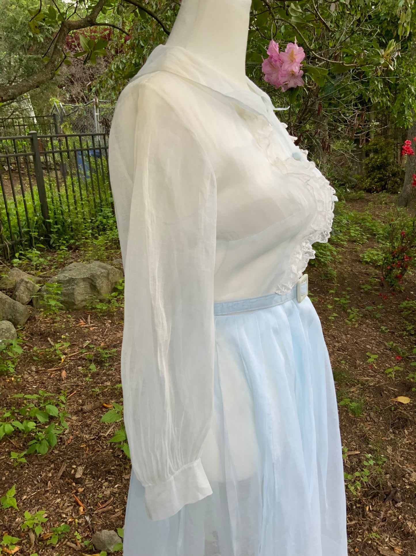 Late 1930s 1940s Sheer Blue Cotton Organdy Dress Romantic Lingerie Style Dress-30CR